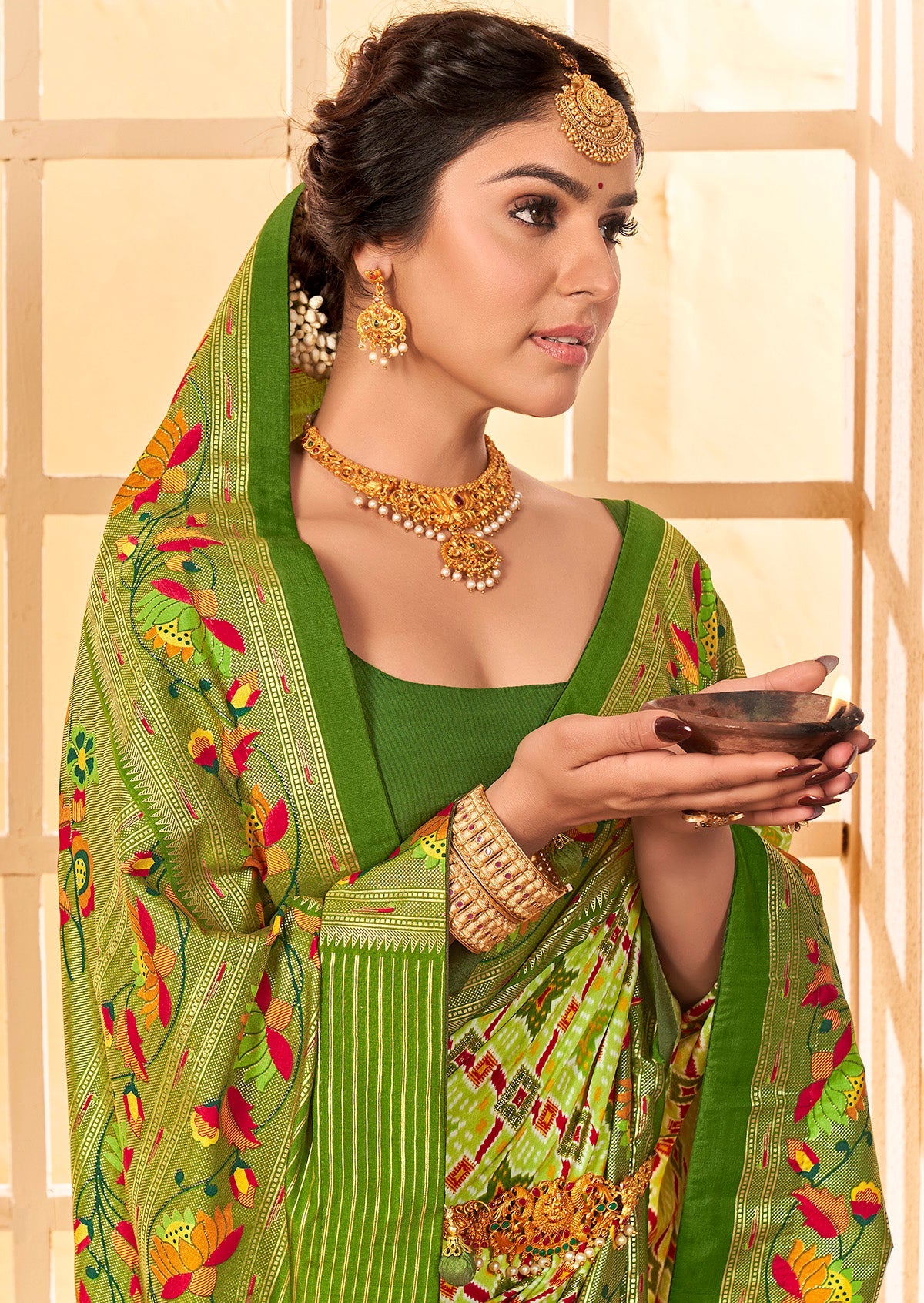 Light Green Cotton Silk Ikkat Print Saree-3840