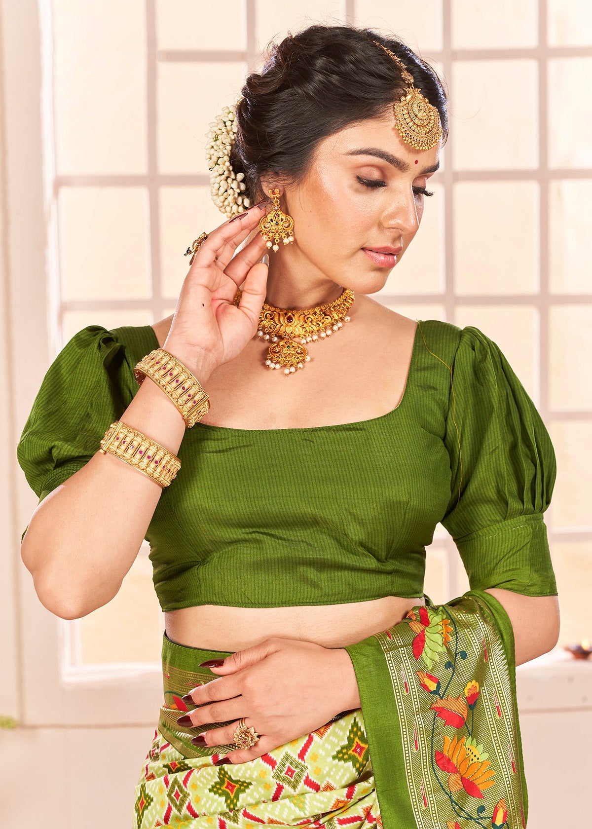 Light Green Cotton Silk Ikkat Print Saree-3840