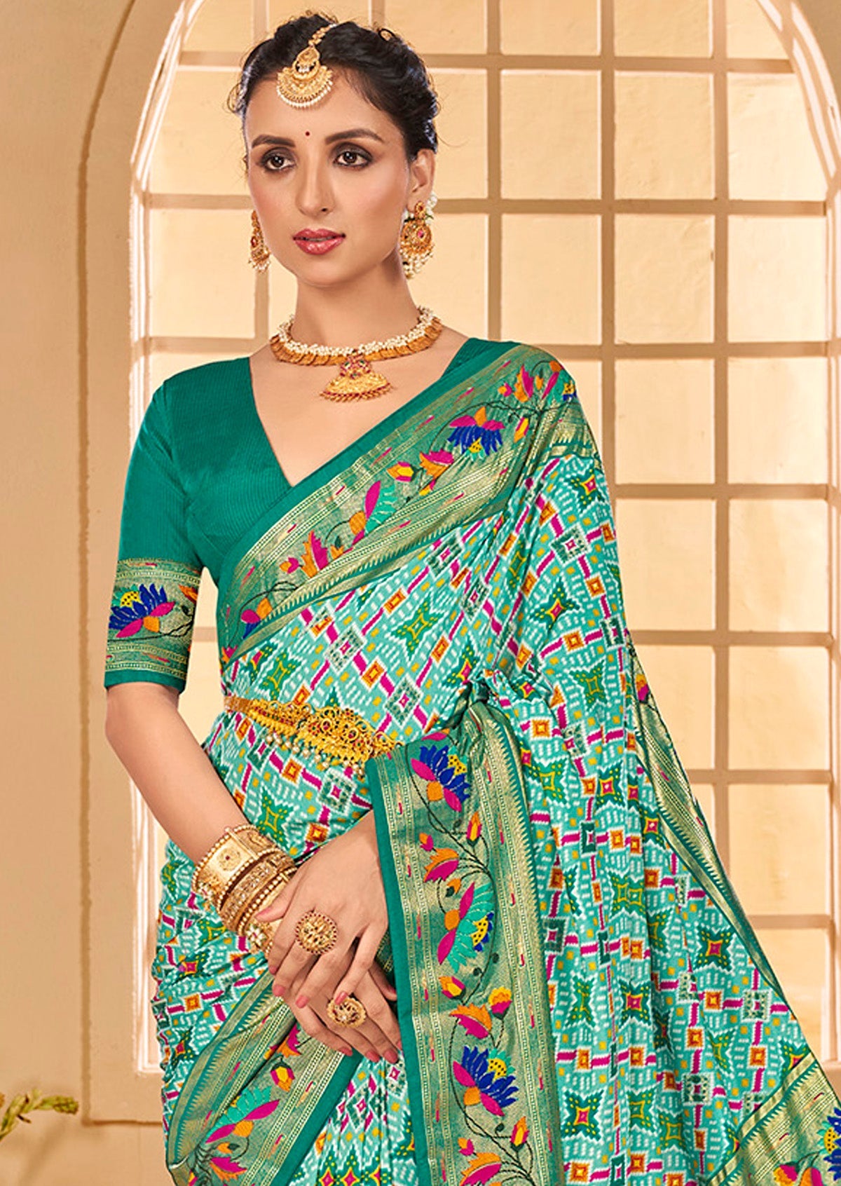 Fountain Blue Cotton Silk Ikkat Print Saree-3842