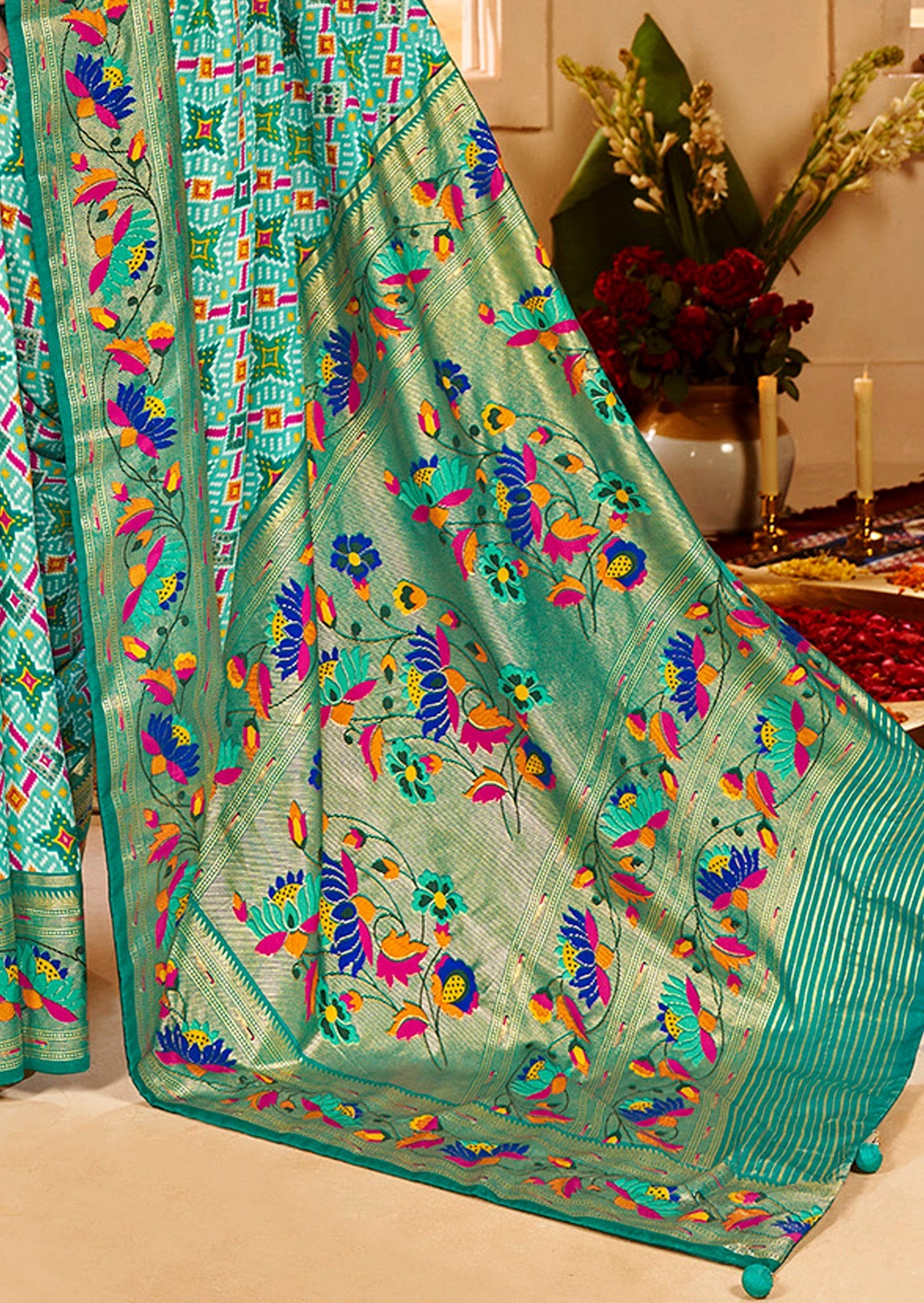 Fountain Blue Cotton Silk Ikkat Print Saree-3842