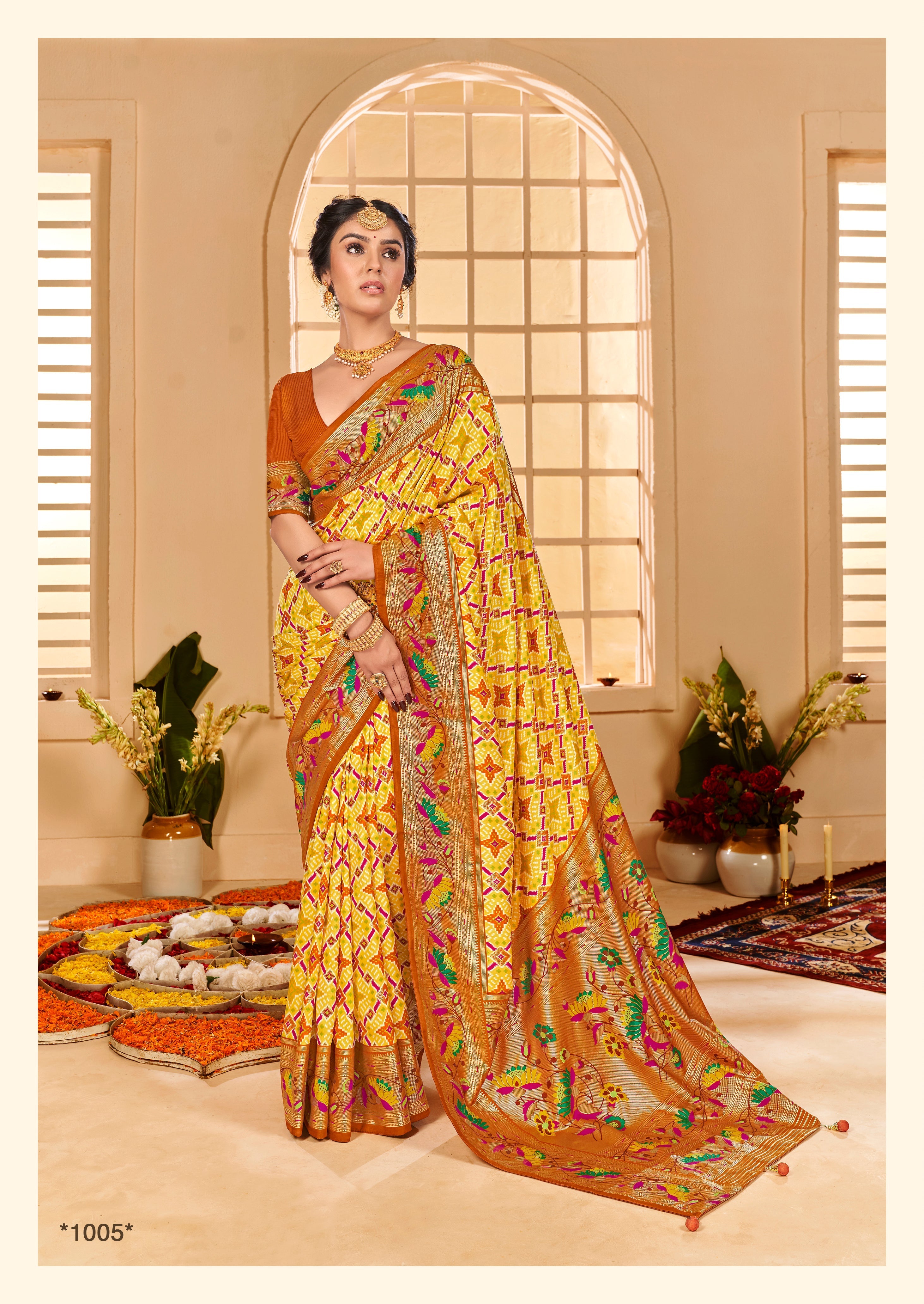  Orange Yellow Cotton Silk Ikkat Print Saree