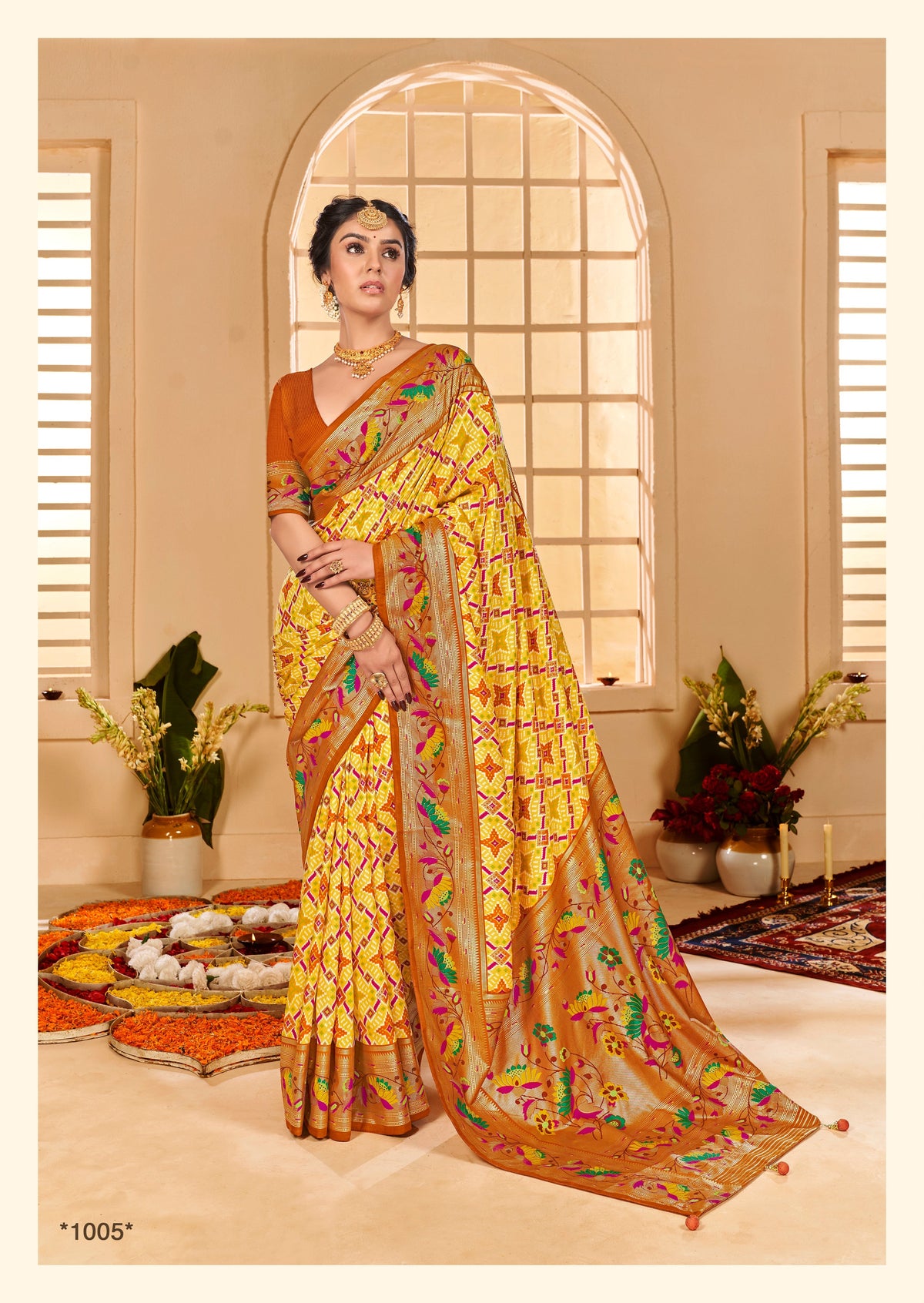  Orange Yellow Cotton Silk Ikkat Print Saree
