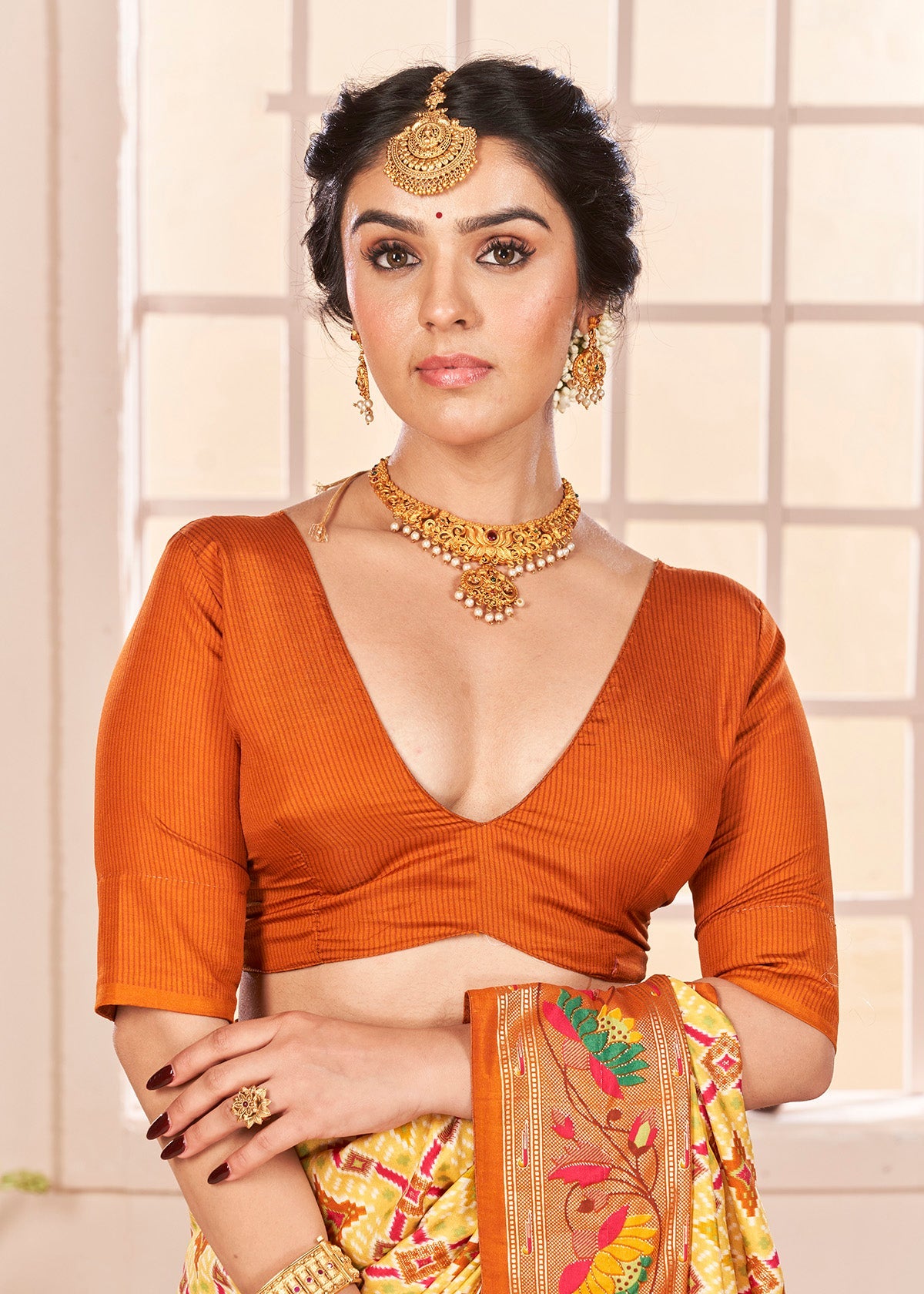 Orange Yellow Cotton Silk Ikkat Print Saree-3843