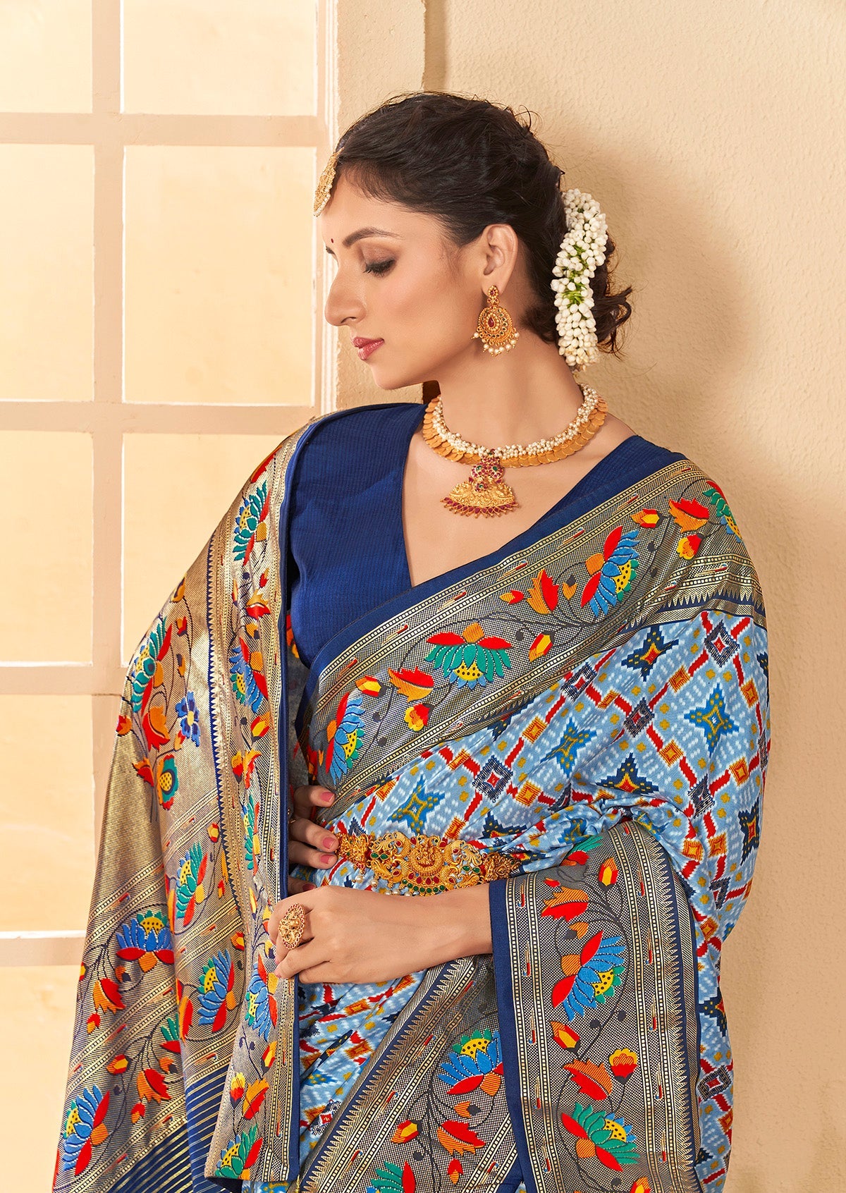 Light Blue Cotton Silk Ikkat Print Saree-3844