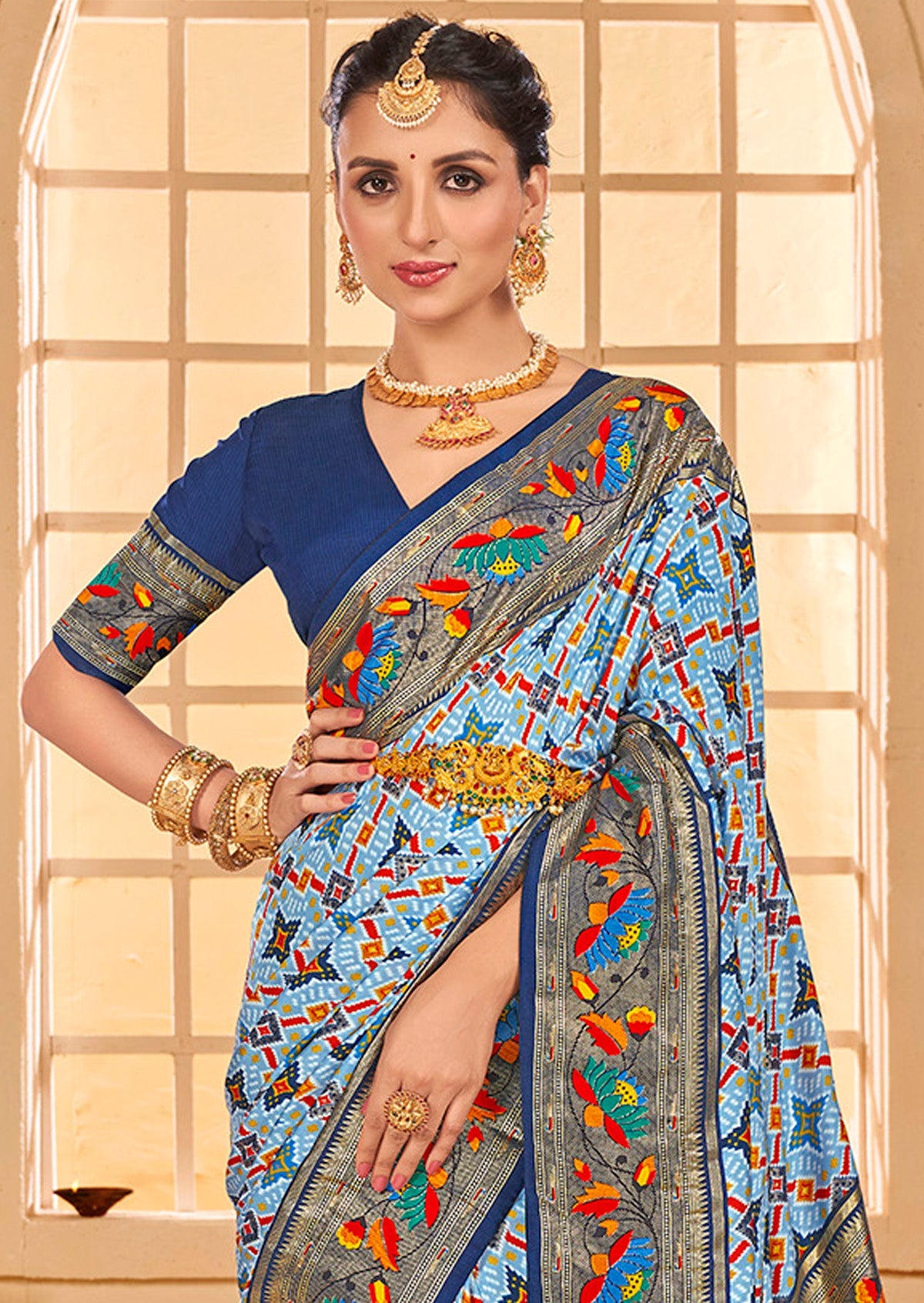 Light Blue Cotton Silk Ikkat Print Saree-3844