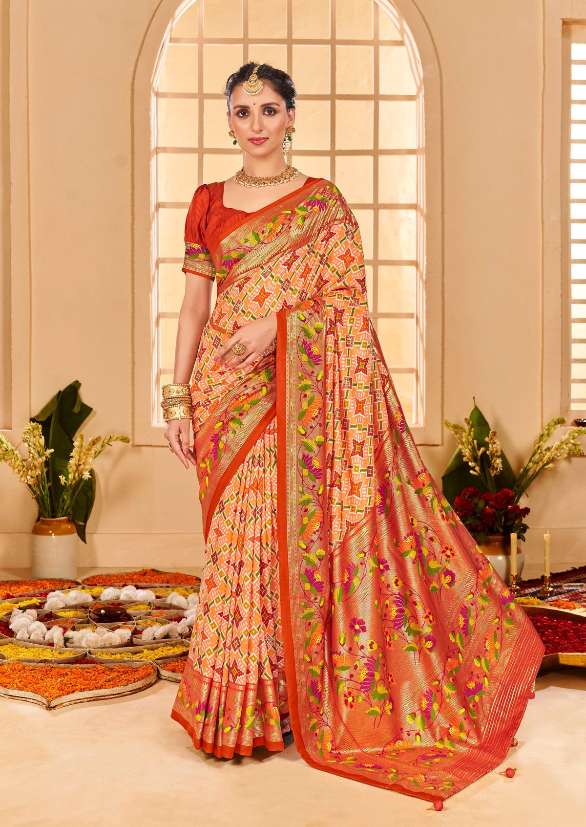  Pastel Orange Cotton Silk Ikkat Print Saree