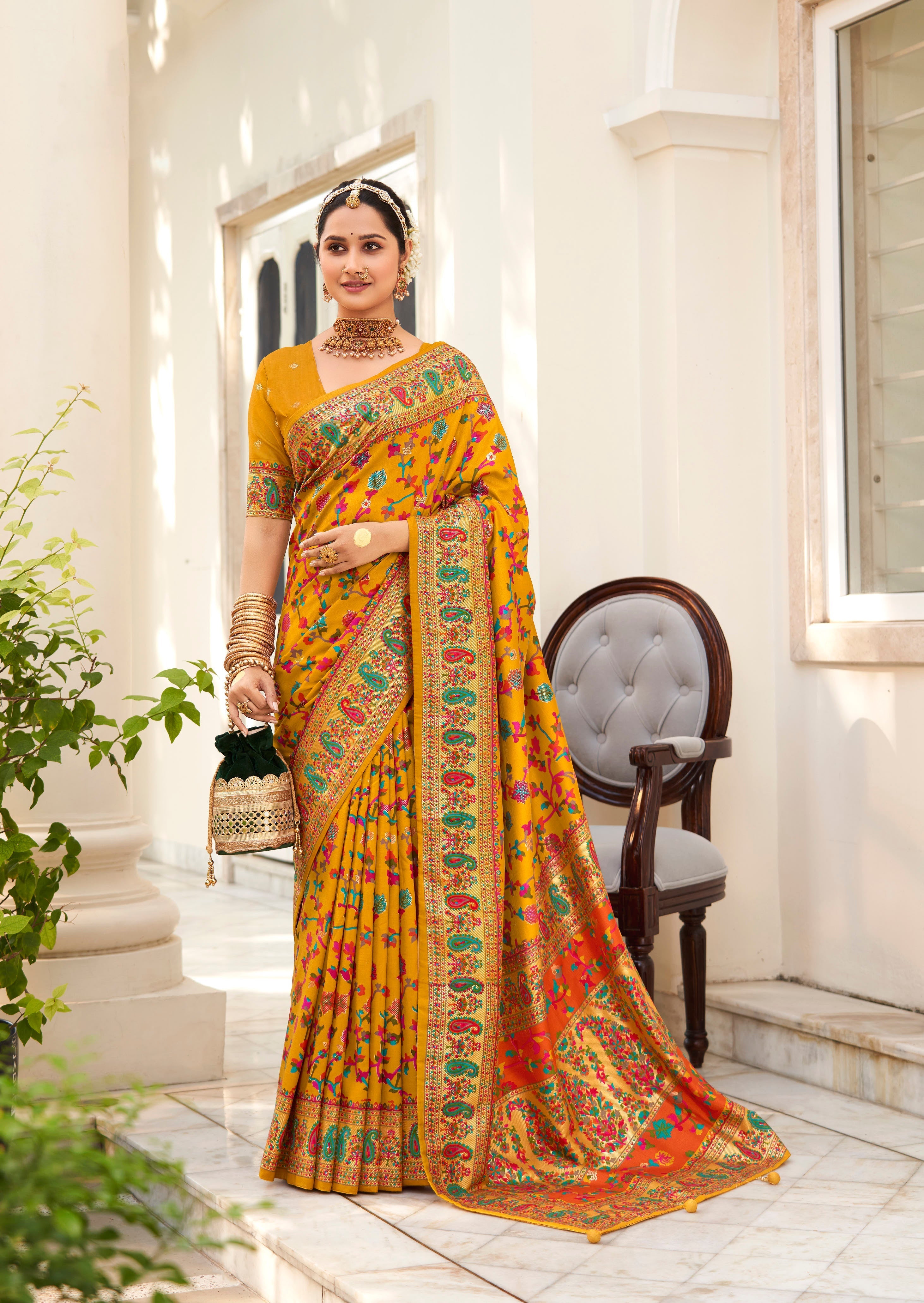  Dark Orange Velvet Tussar Silk Floral Print Saree