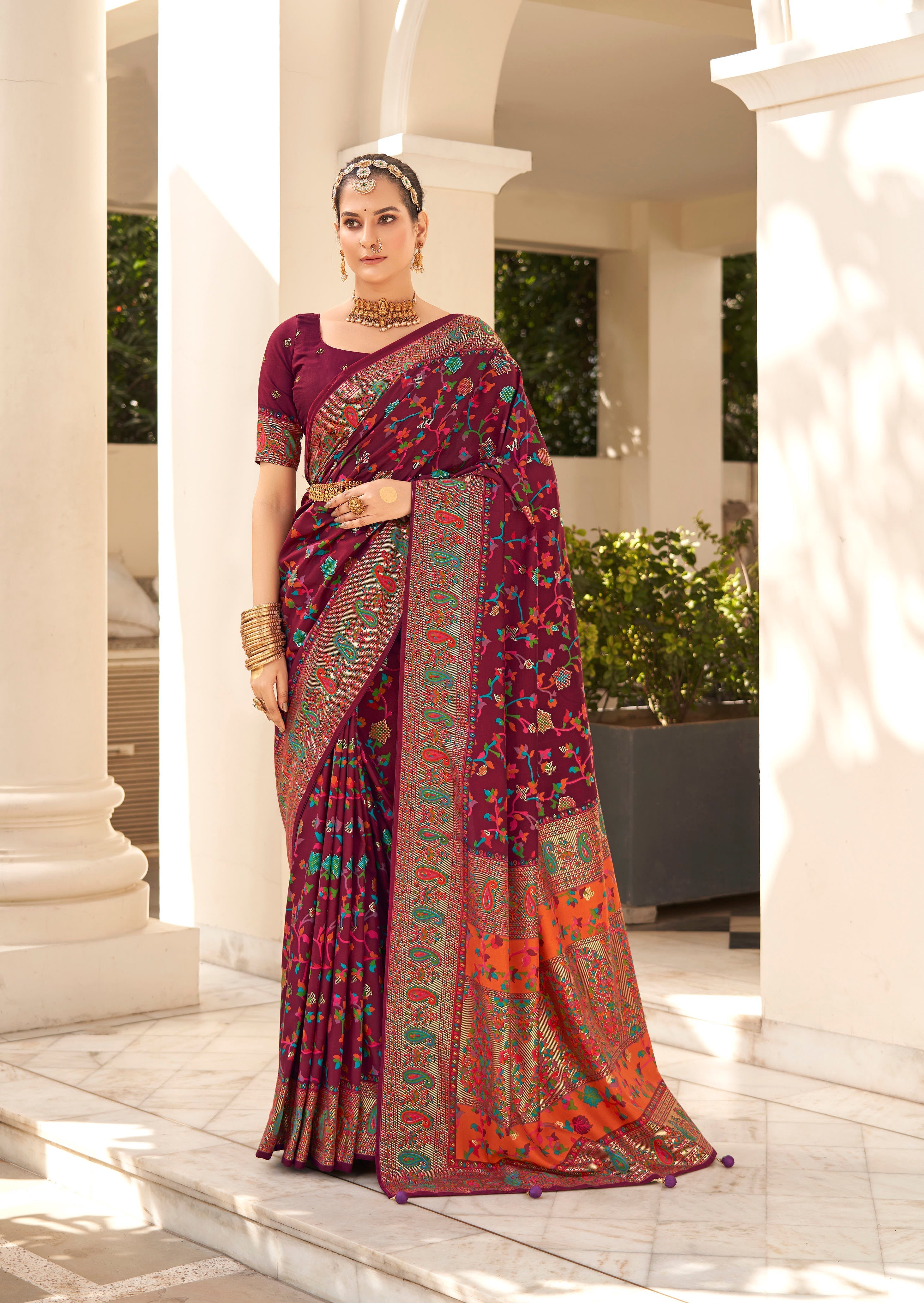 Shop Elegant Wine Berry Velvet Tussar Silk Floral Print Saree 