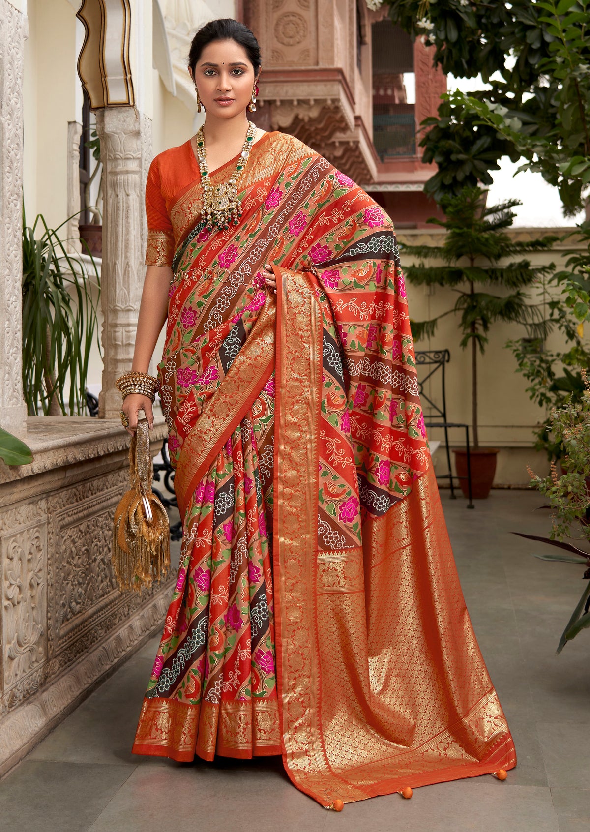  Orange Velvet Tussar Silk Floral Print Saree