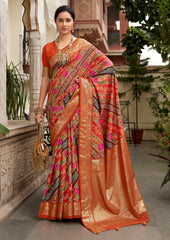  Orange Velvet Tussar Silk Floral Print Saree