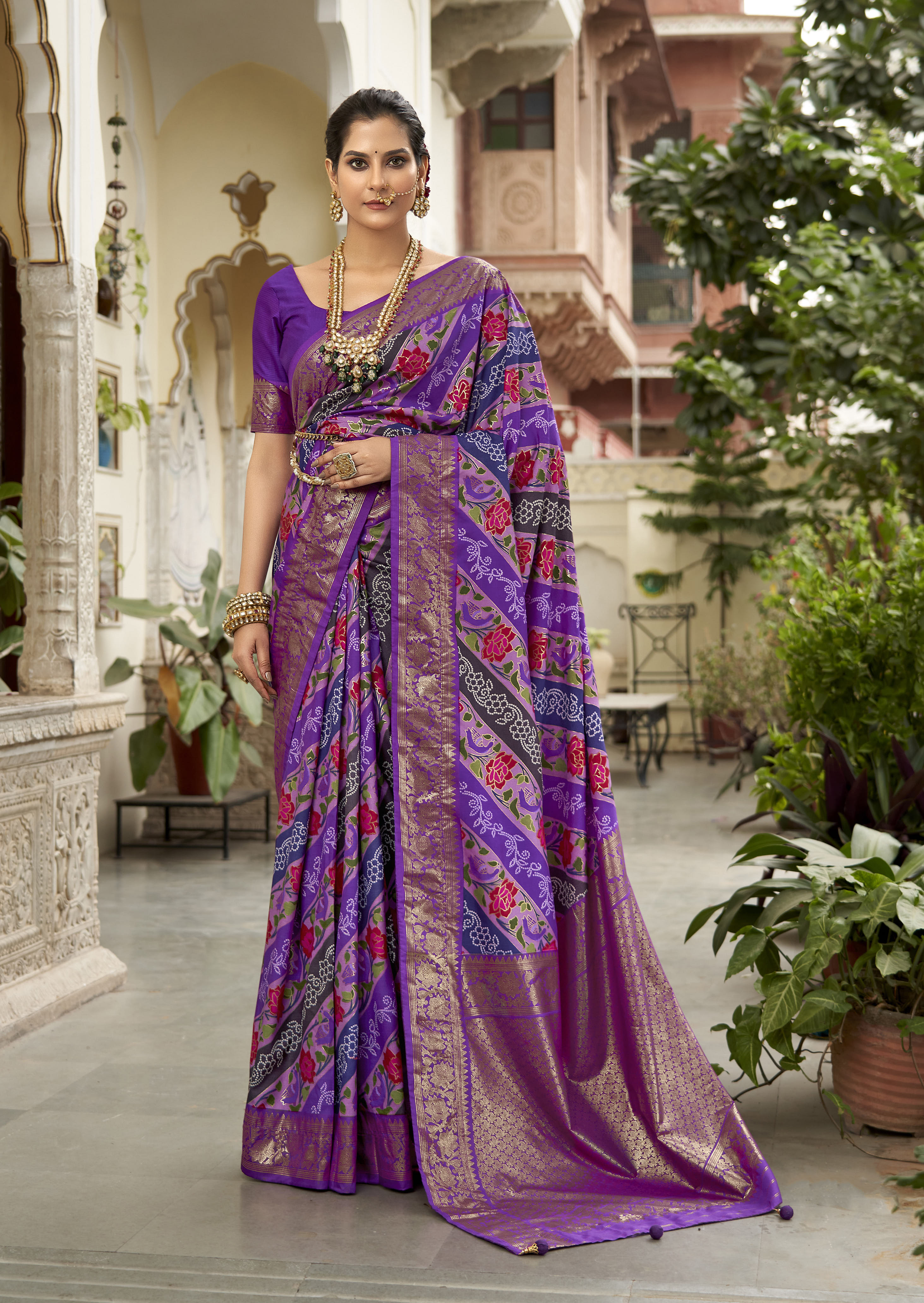  Purple Velvet Tussar Silk Floral Print Saree