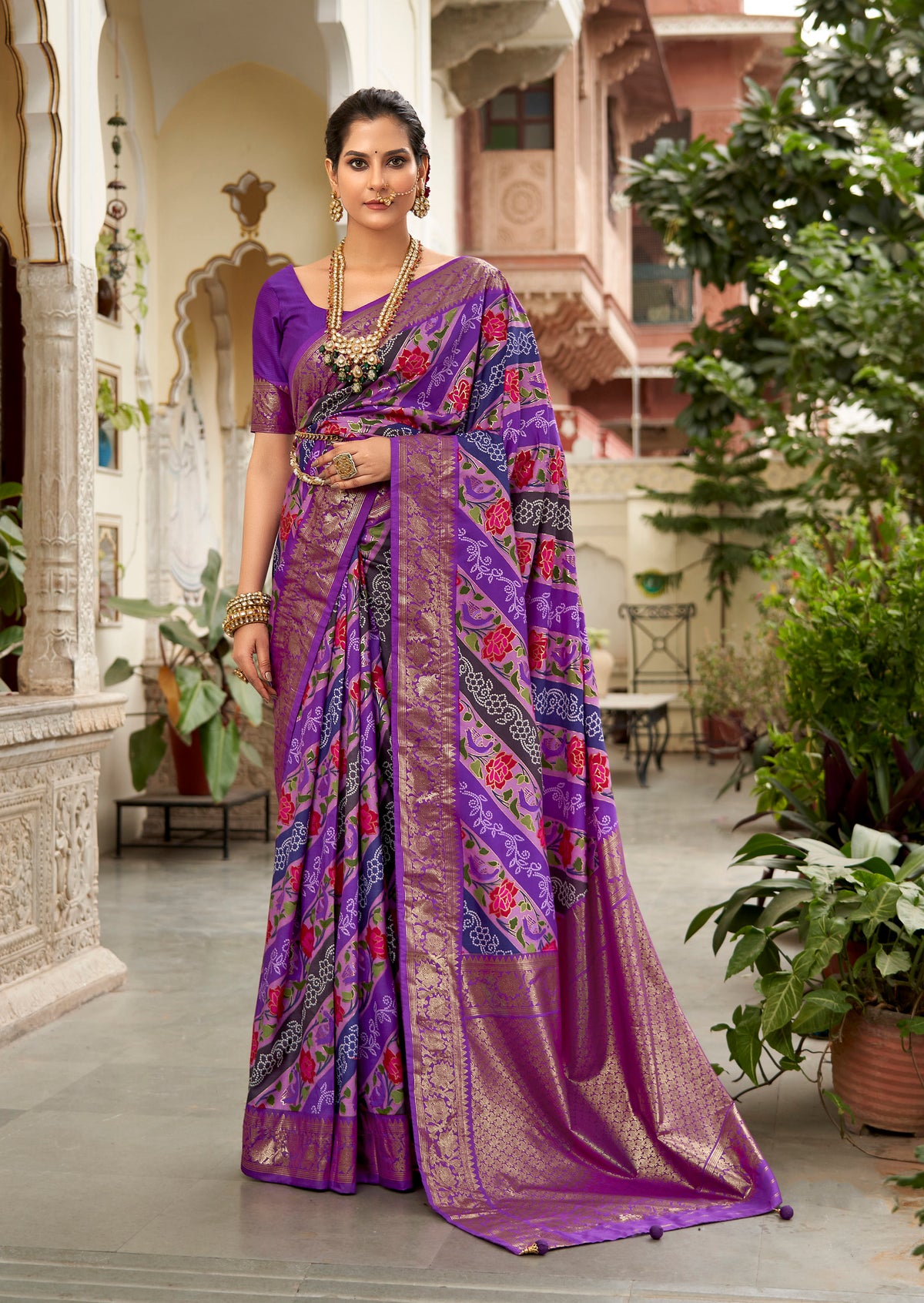  Purple Velvet Tussar Silk Floral Print Saree