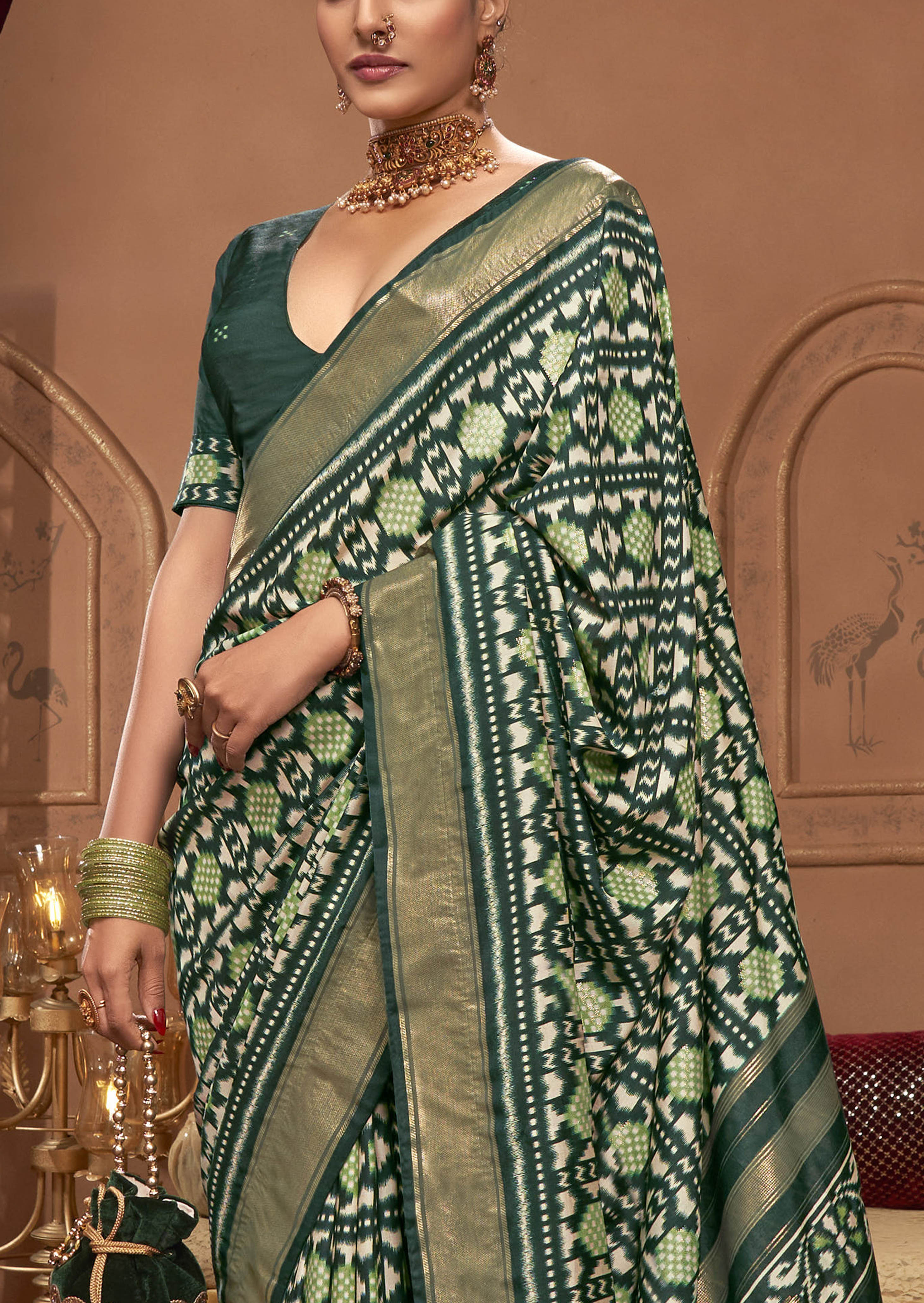 Lunar Green Ikkat Polka Dot Saree-3899