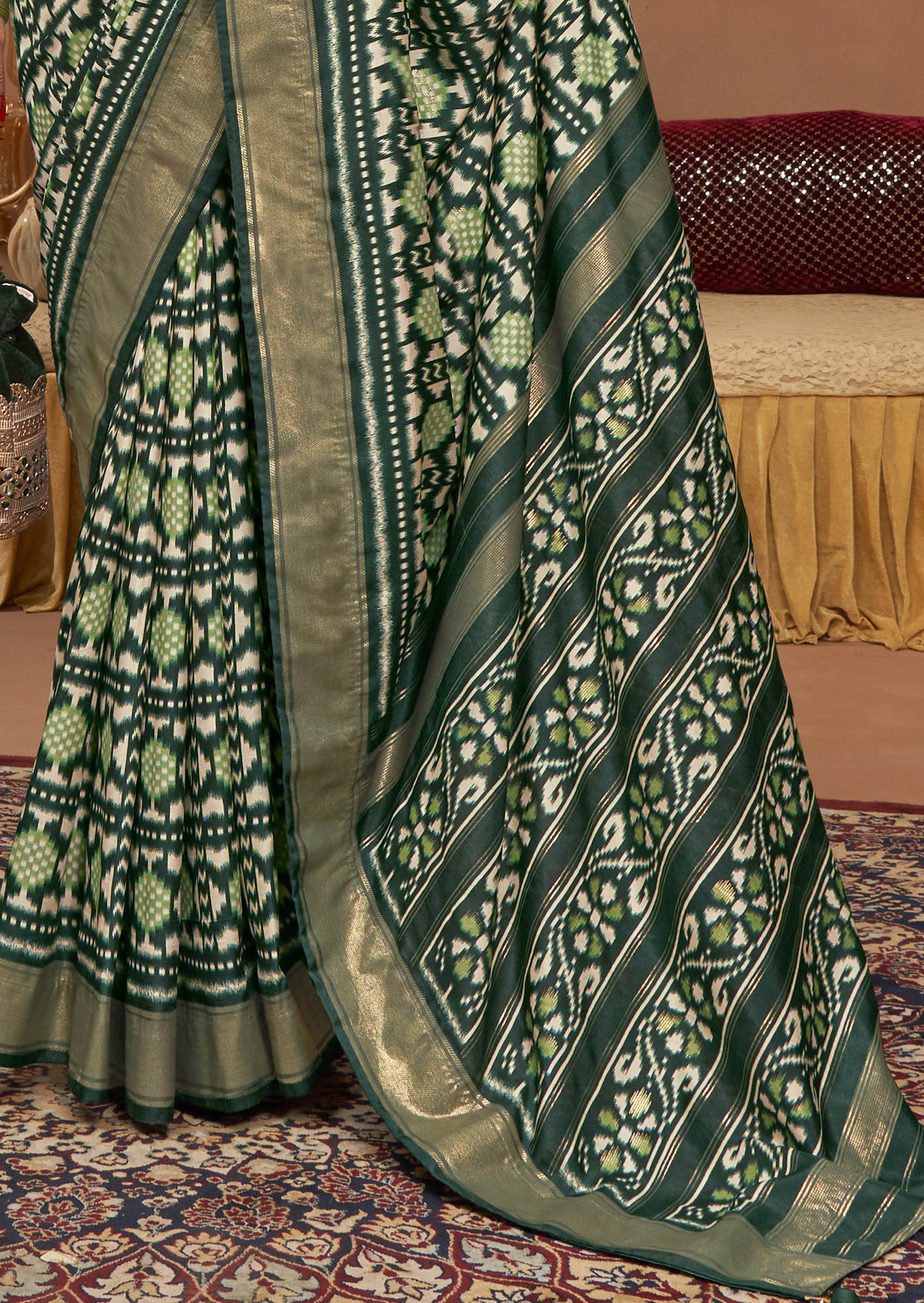 Lunar Green Ikkat Polka Dot Saree-3899