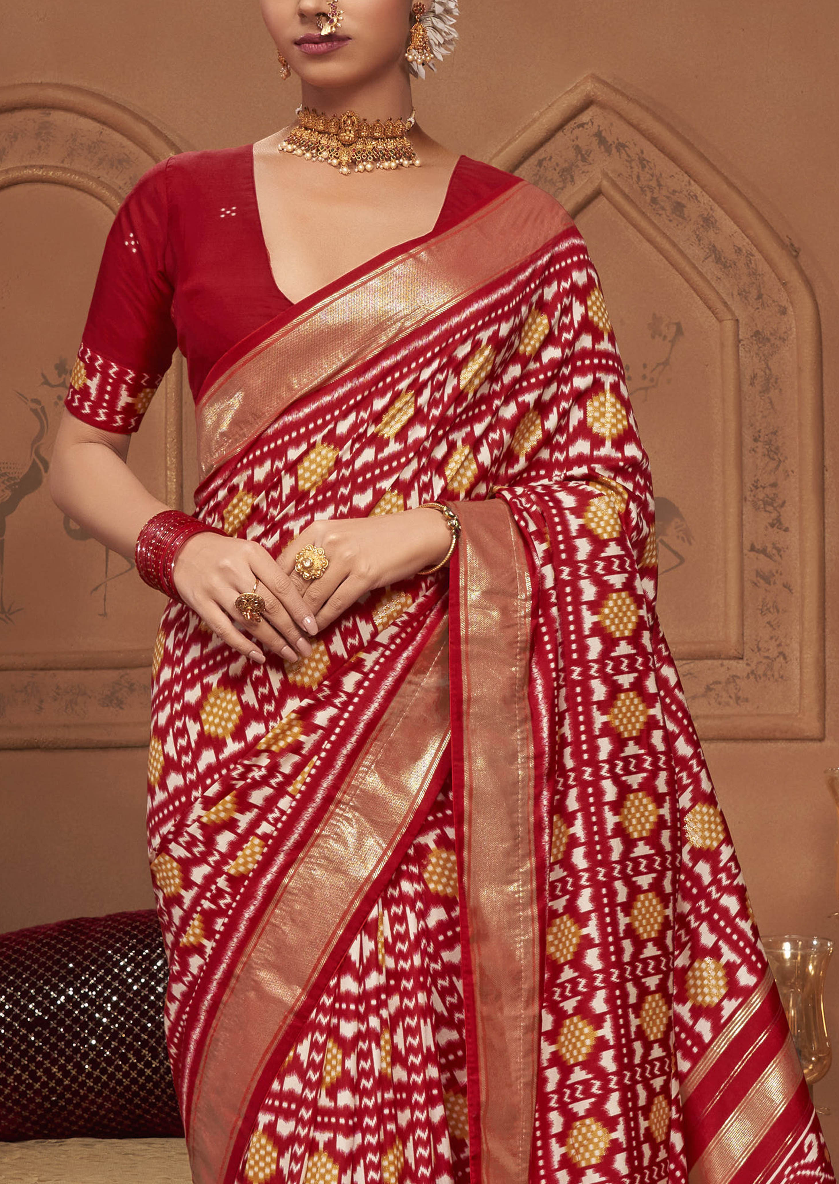 Persian Red Ikkat Polka Dot Saree-3900