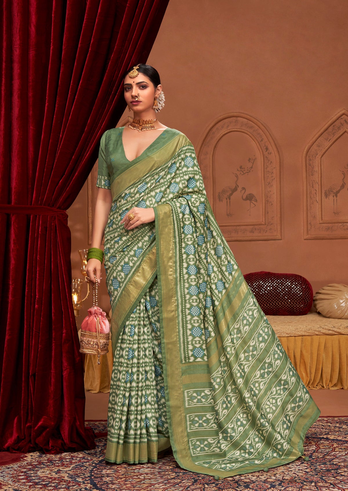 Shop Elegant Glade Green  Ikkat Print Saree 