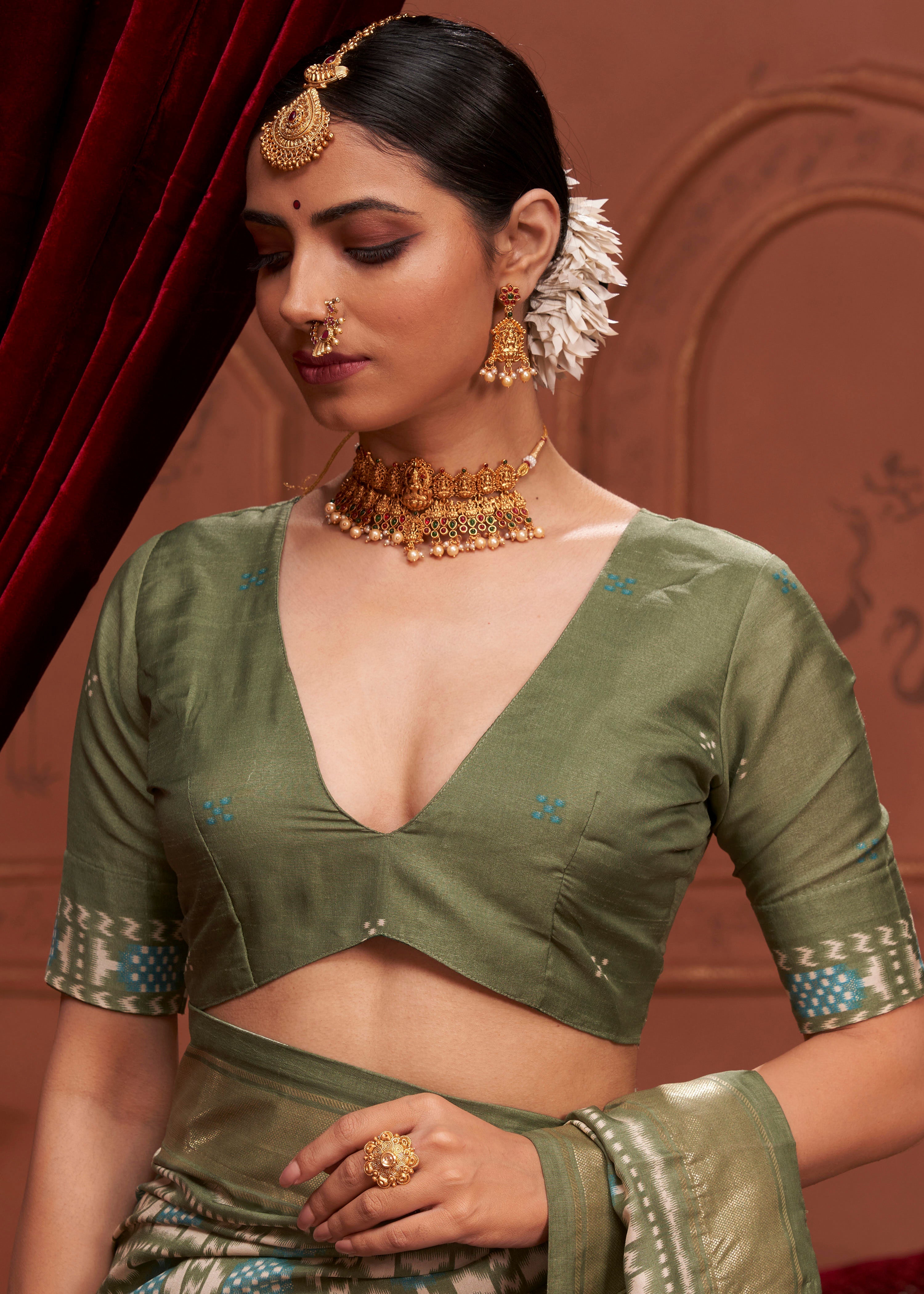Glade Green Ikkat Polka Dot Saree-3901