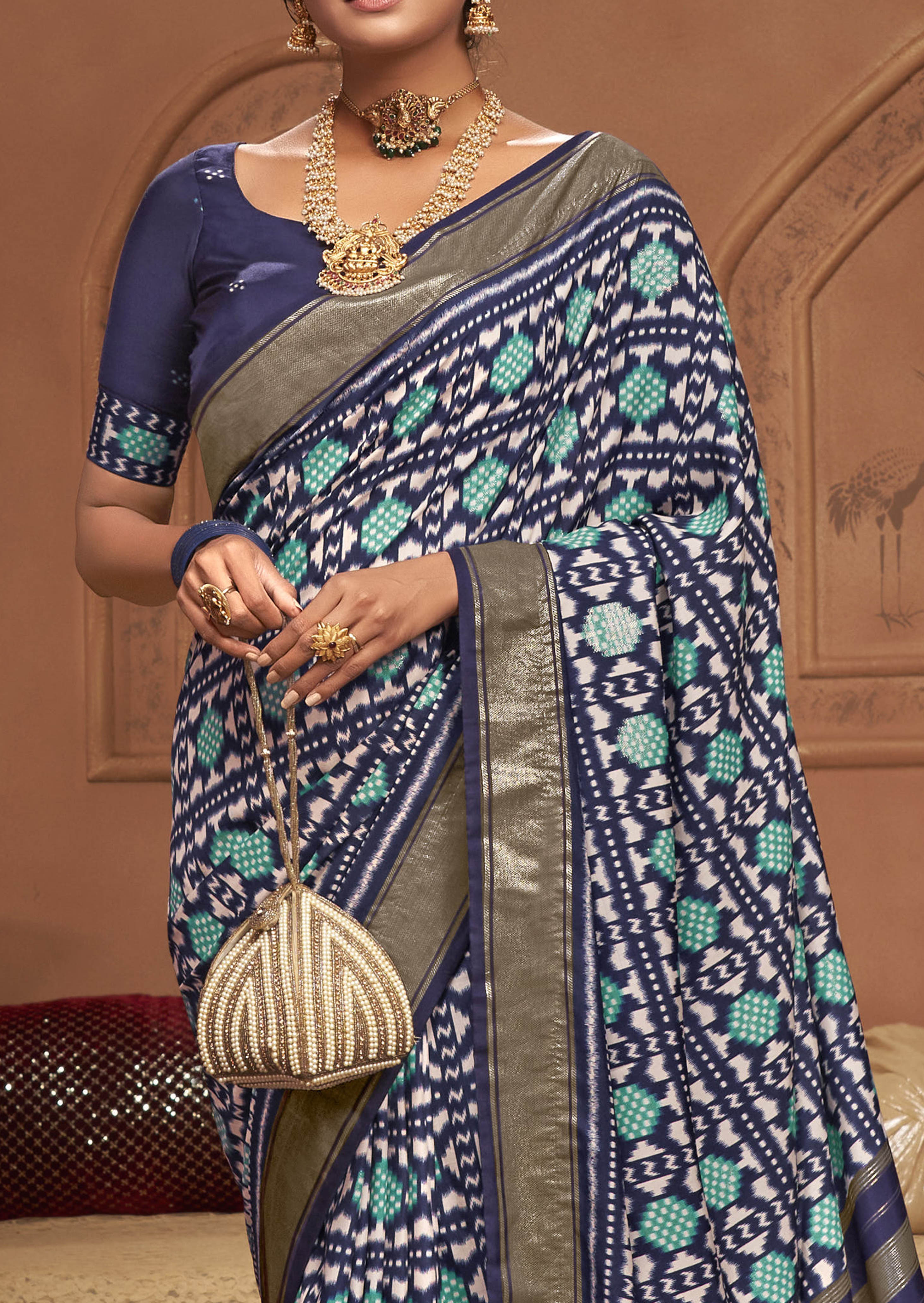 Dark Blue Ikkat Polka Dot Saree-3905