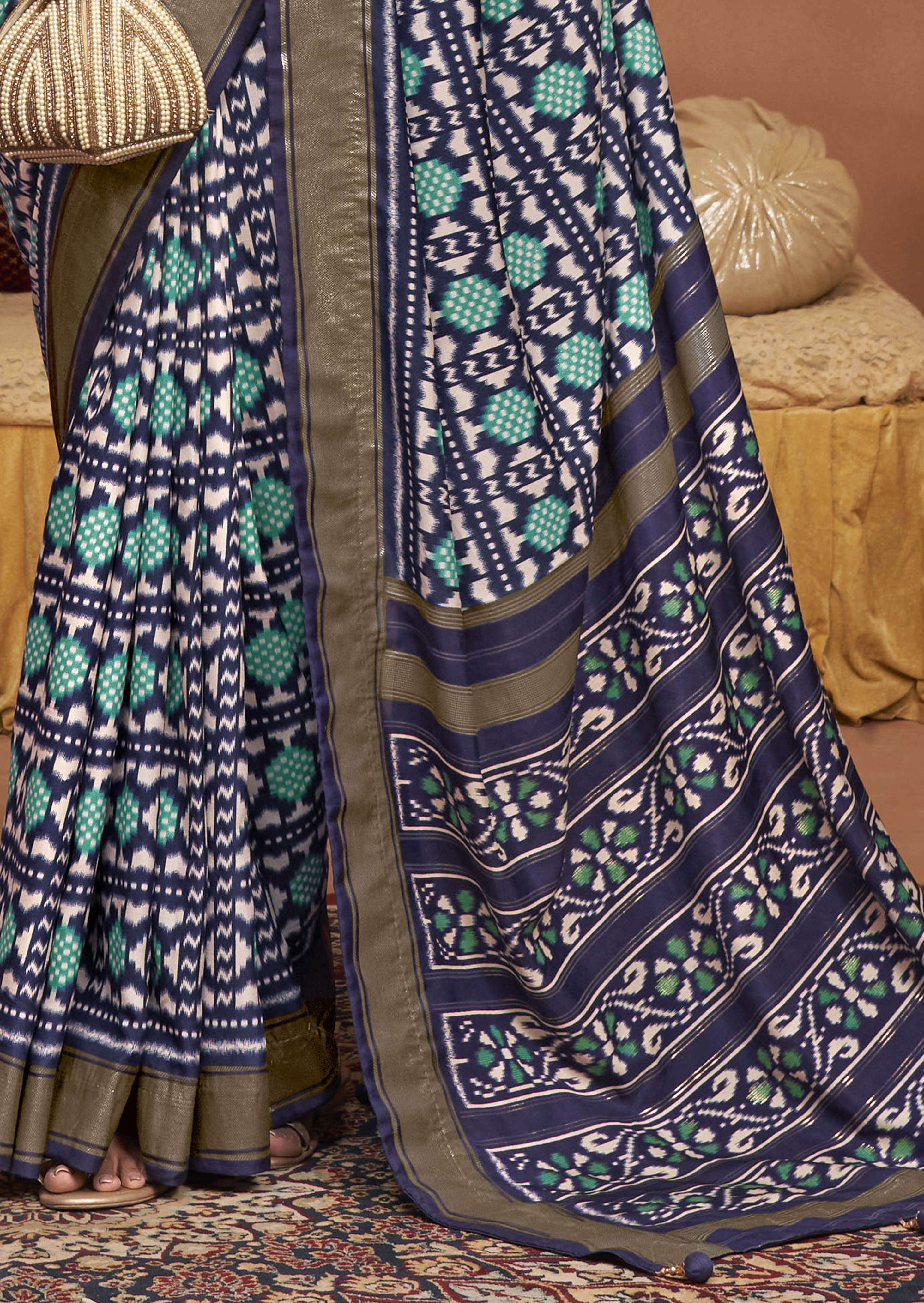 Dark Blue Ikkat Polka Dot Saree-3905