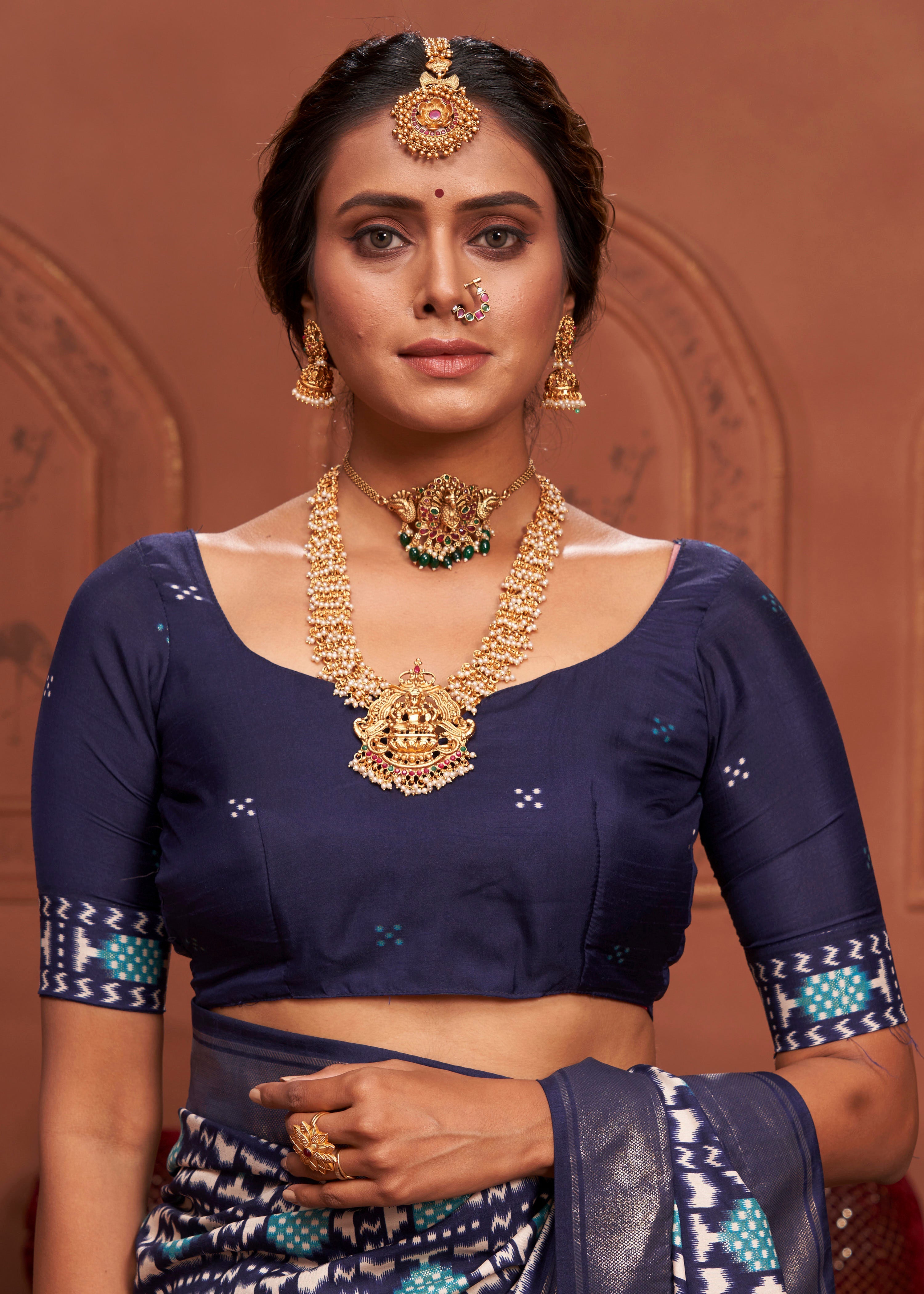 Dark Blue Ikkat Polka Dot Saree-3905