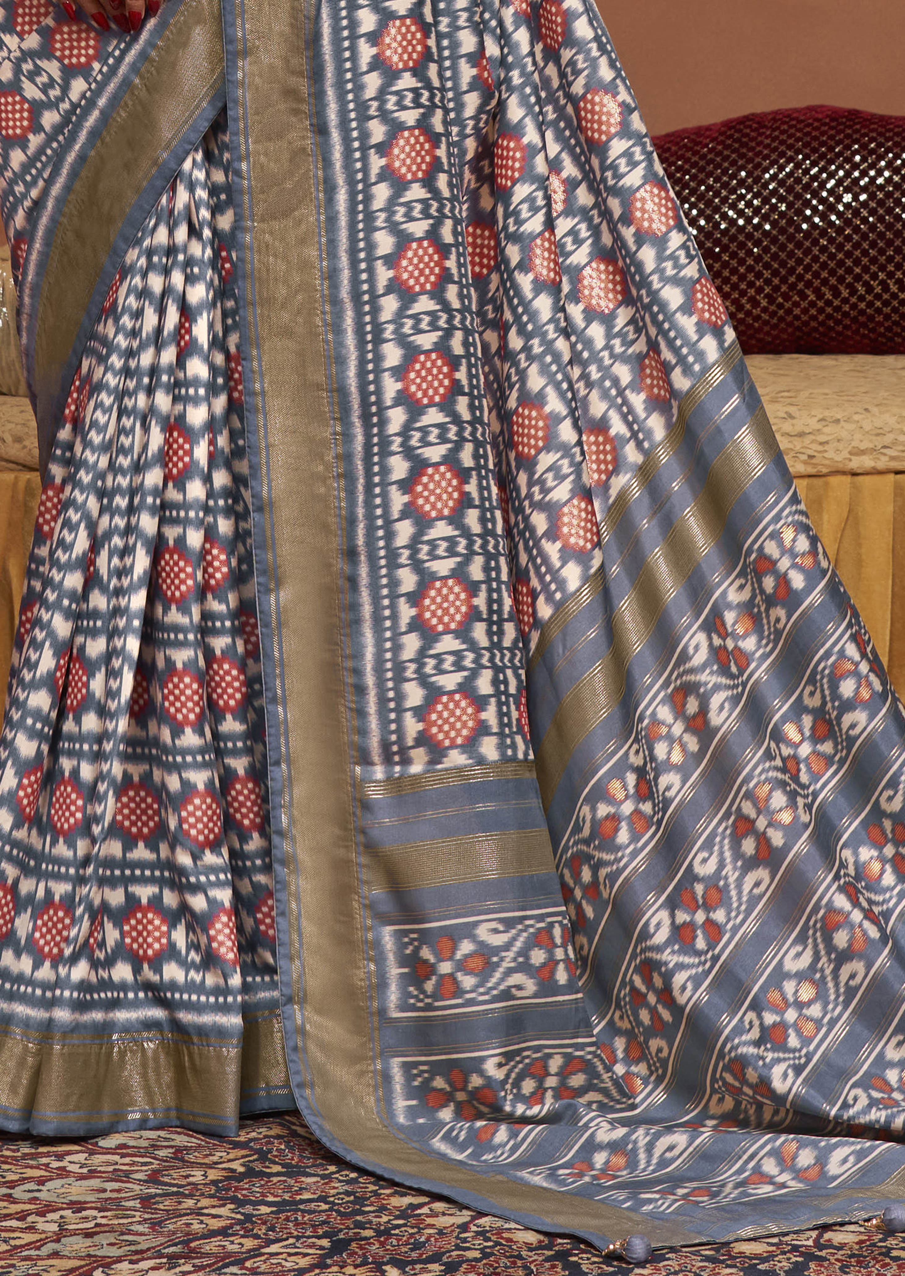 Grey Ikkat Polka Dot  Saree-3906
