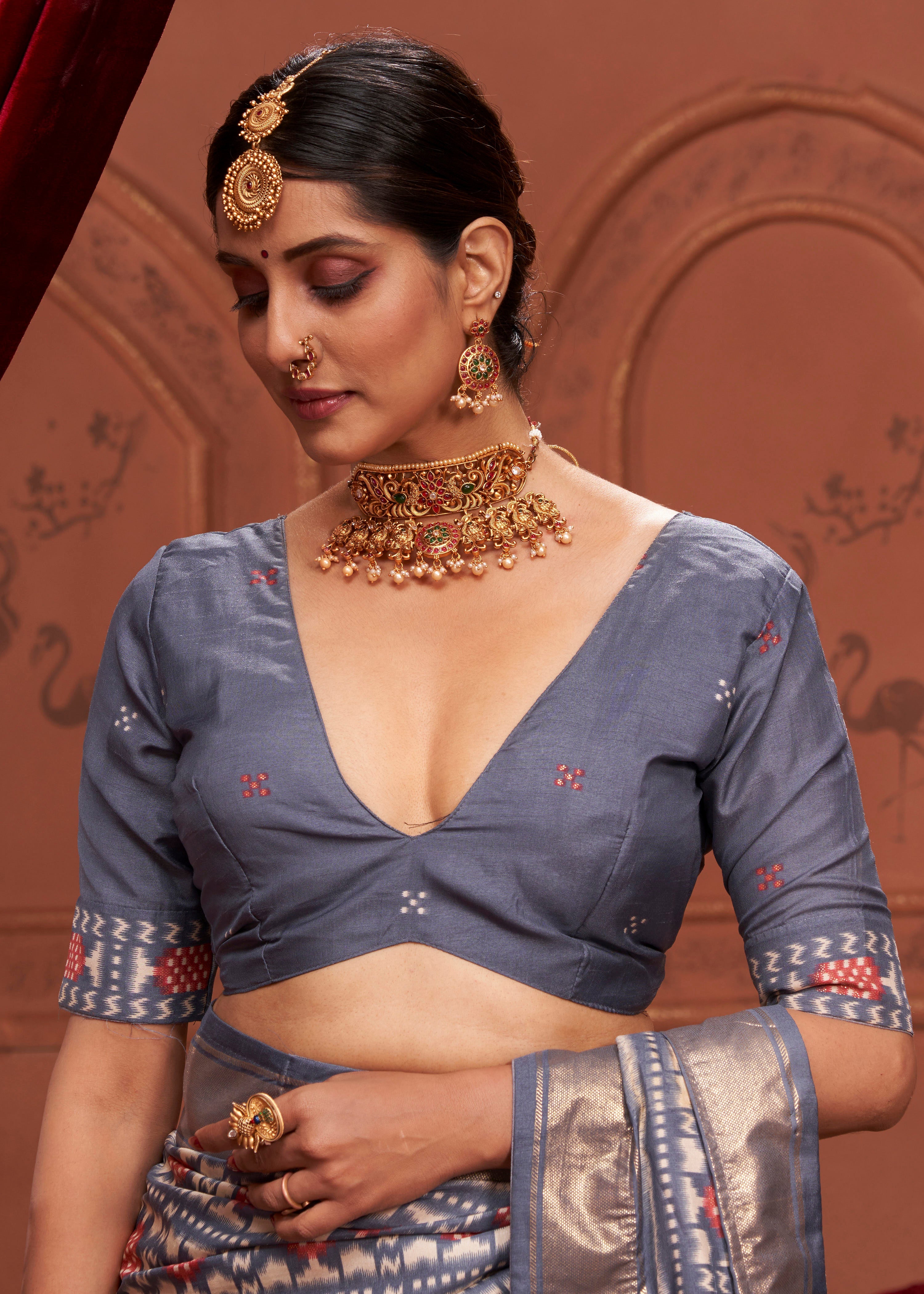 Grey Ikkat Polka Dot  Saree-3906