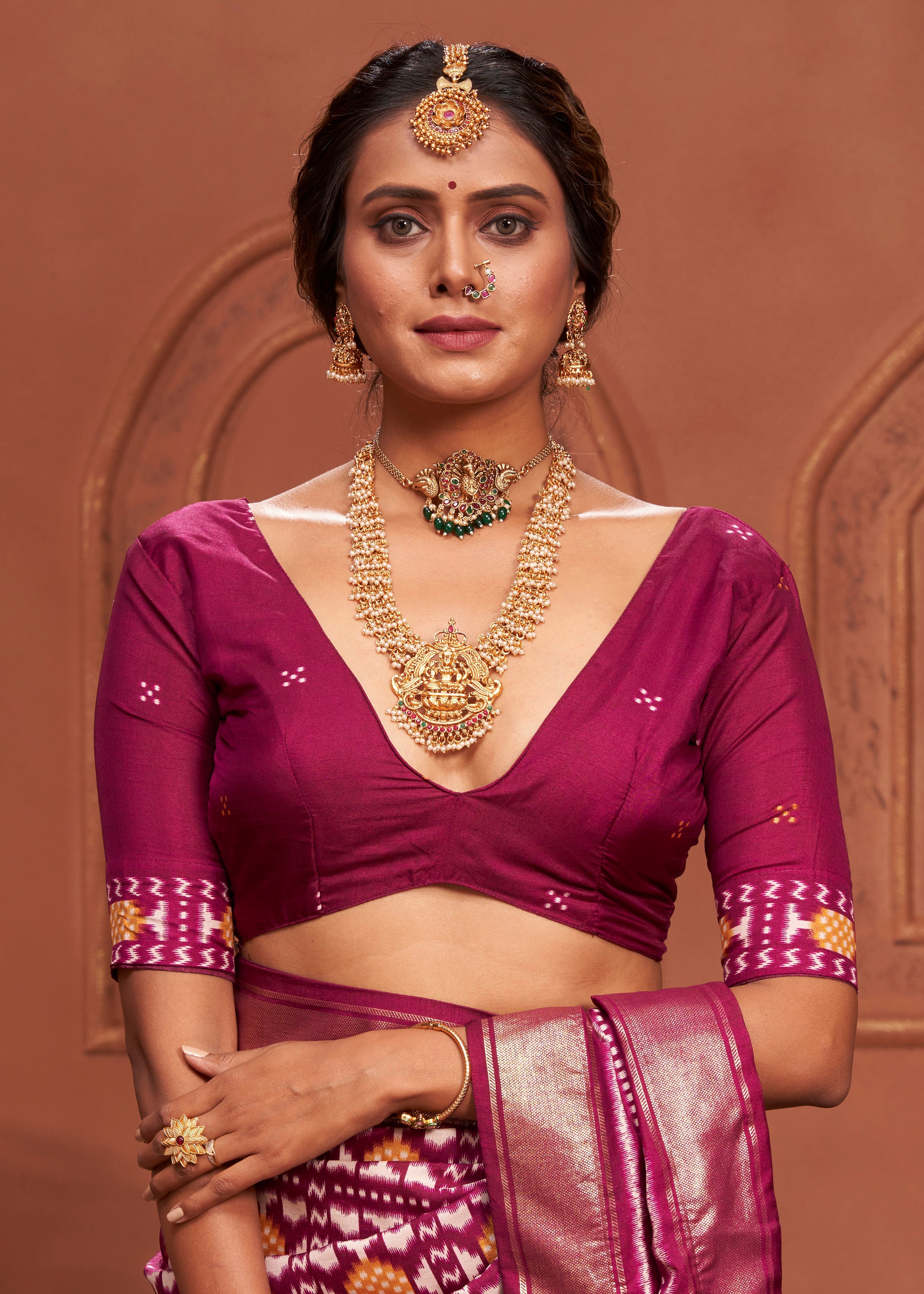 Vivid Burgundy Ikkat Polka Dot Saree-3908