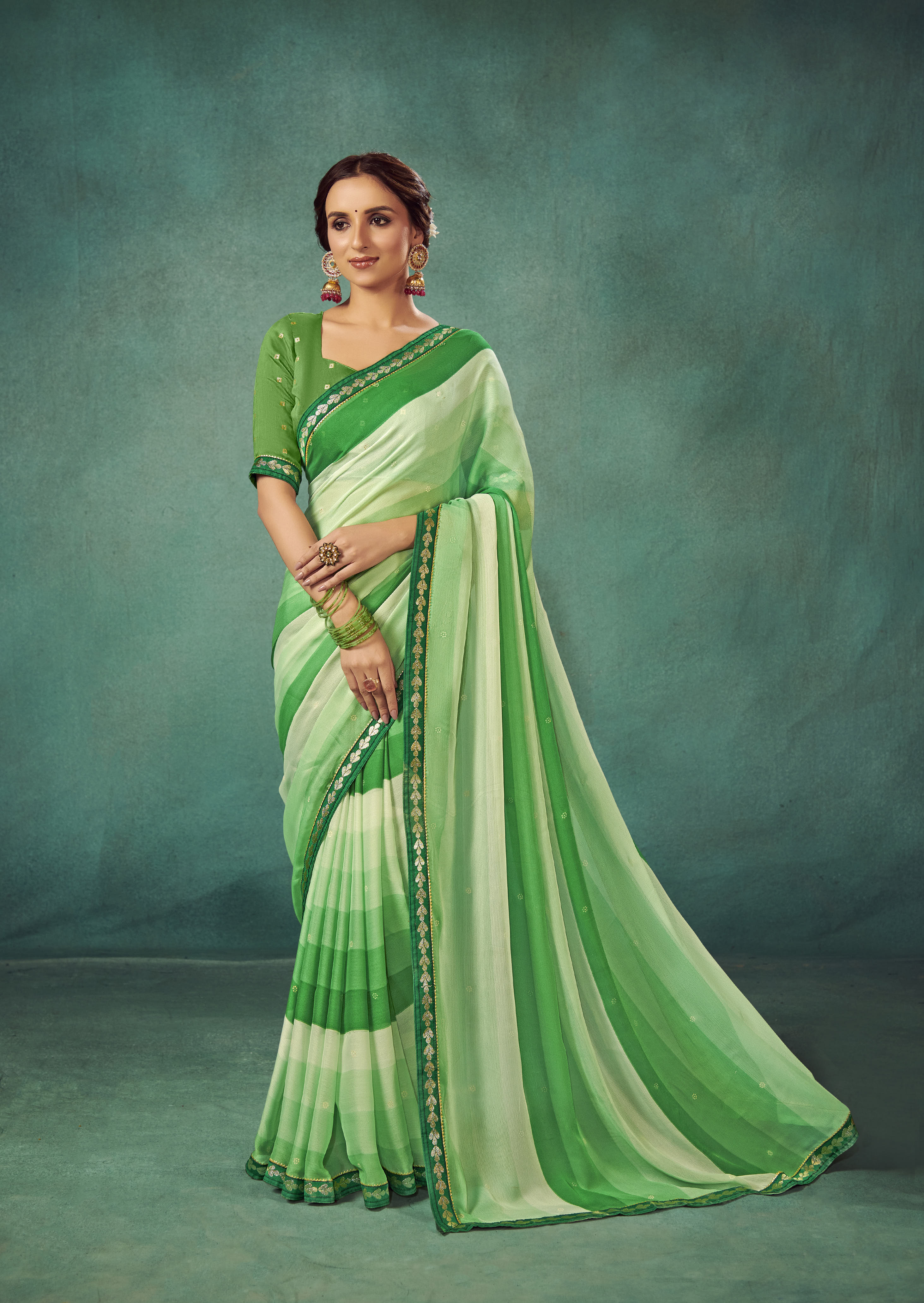  Olive Green Chiffon Solid Saree