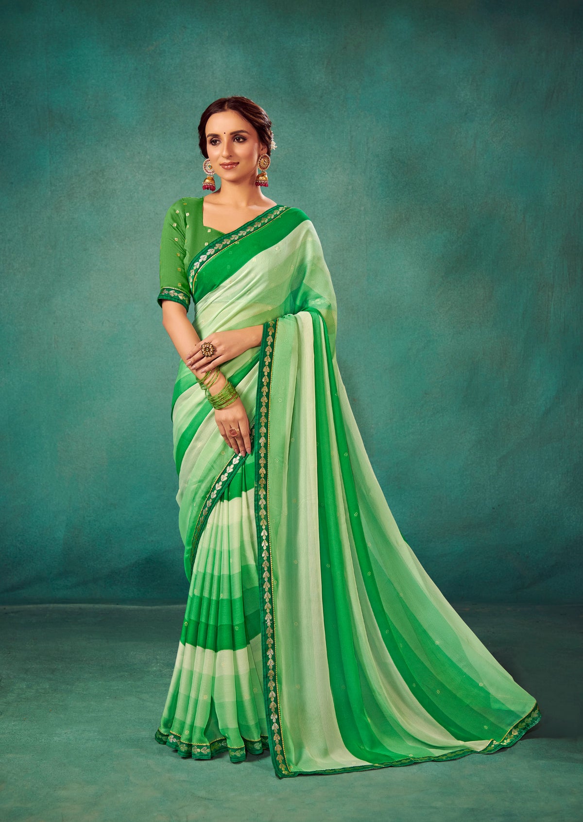  Olive Green Chiffon Solid Saree