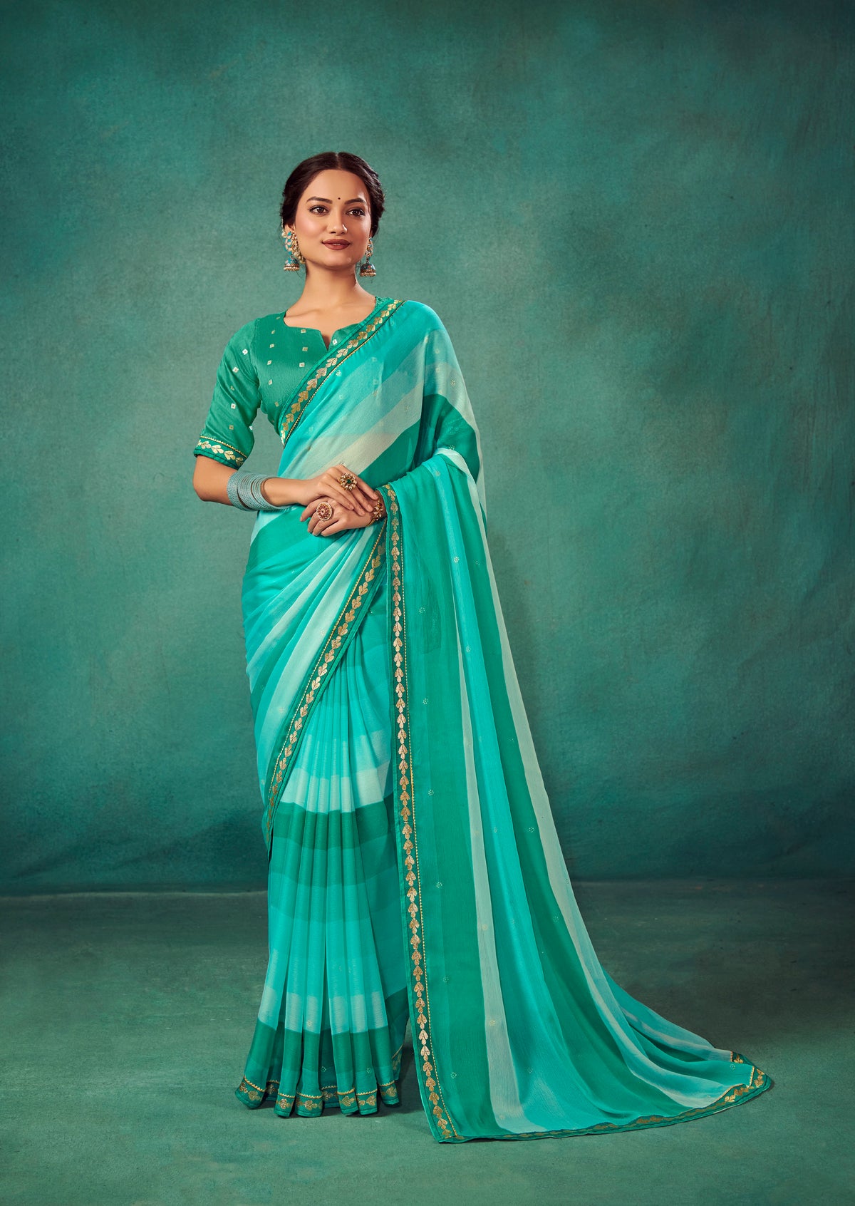 Shop Elegant Fountain Blue Chiffon Solid Saree 