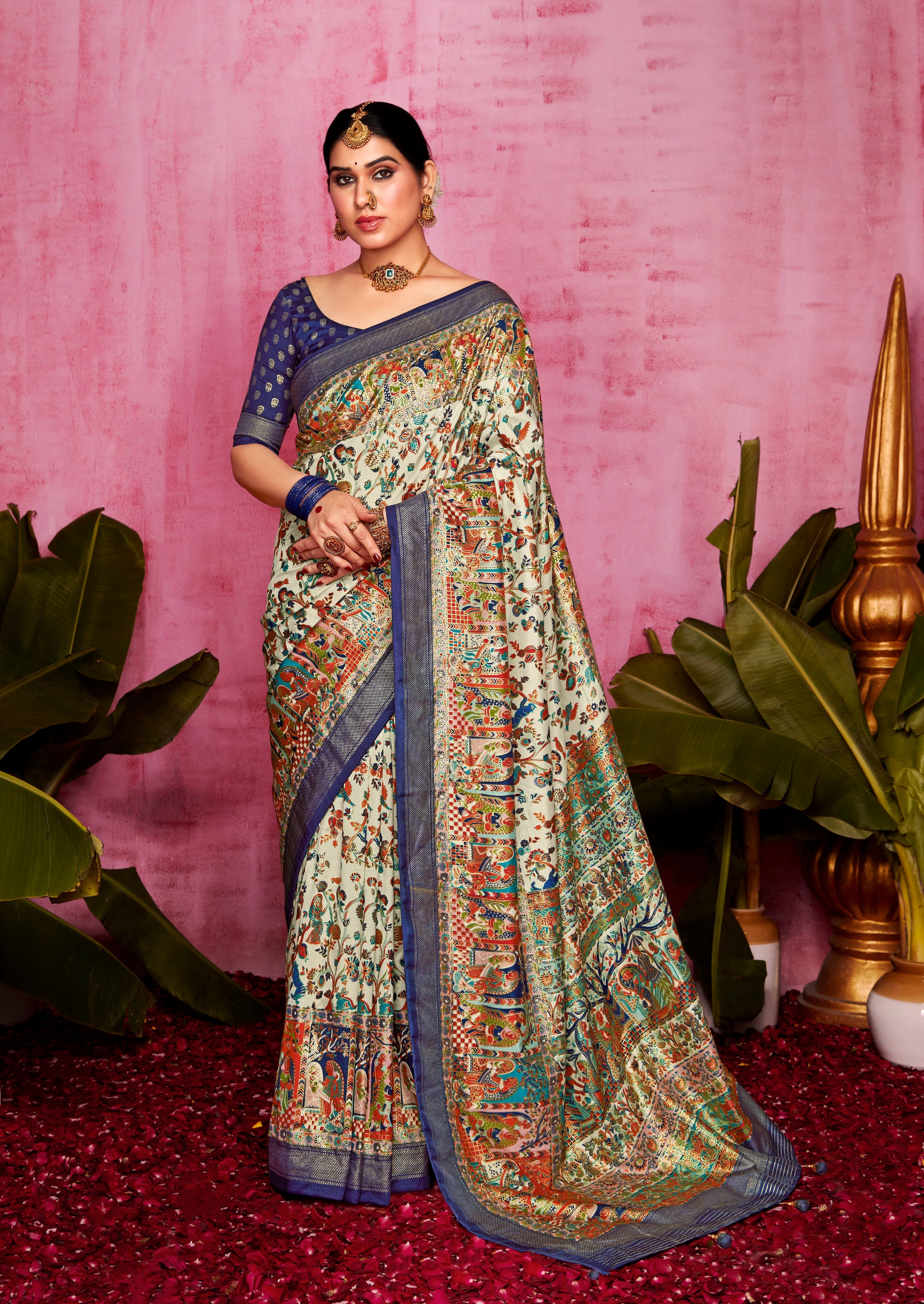 Shop Elegant Off White Tussar Silk Ethnic Motif Saree 