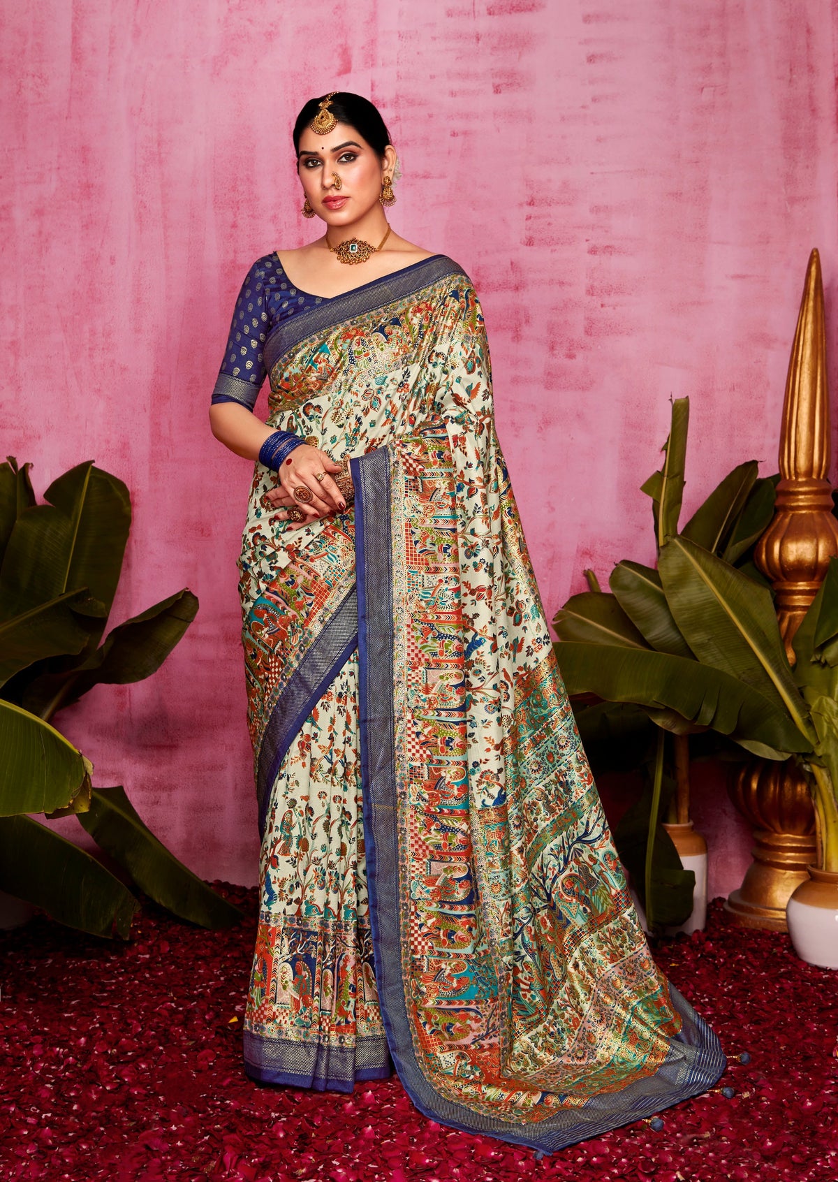 Shop Elegant Off White Tussar Silk Ethnic Motif Saree 