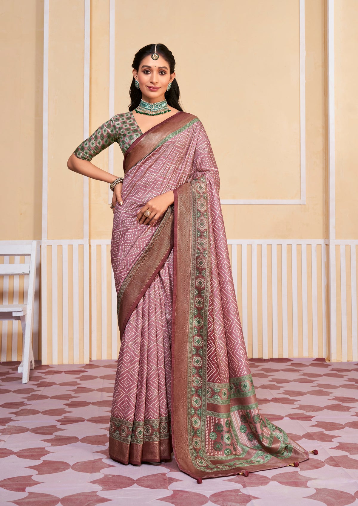 Exquisite Pink Tussar Silk Bandhani Saree