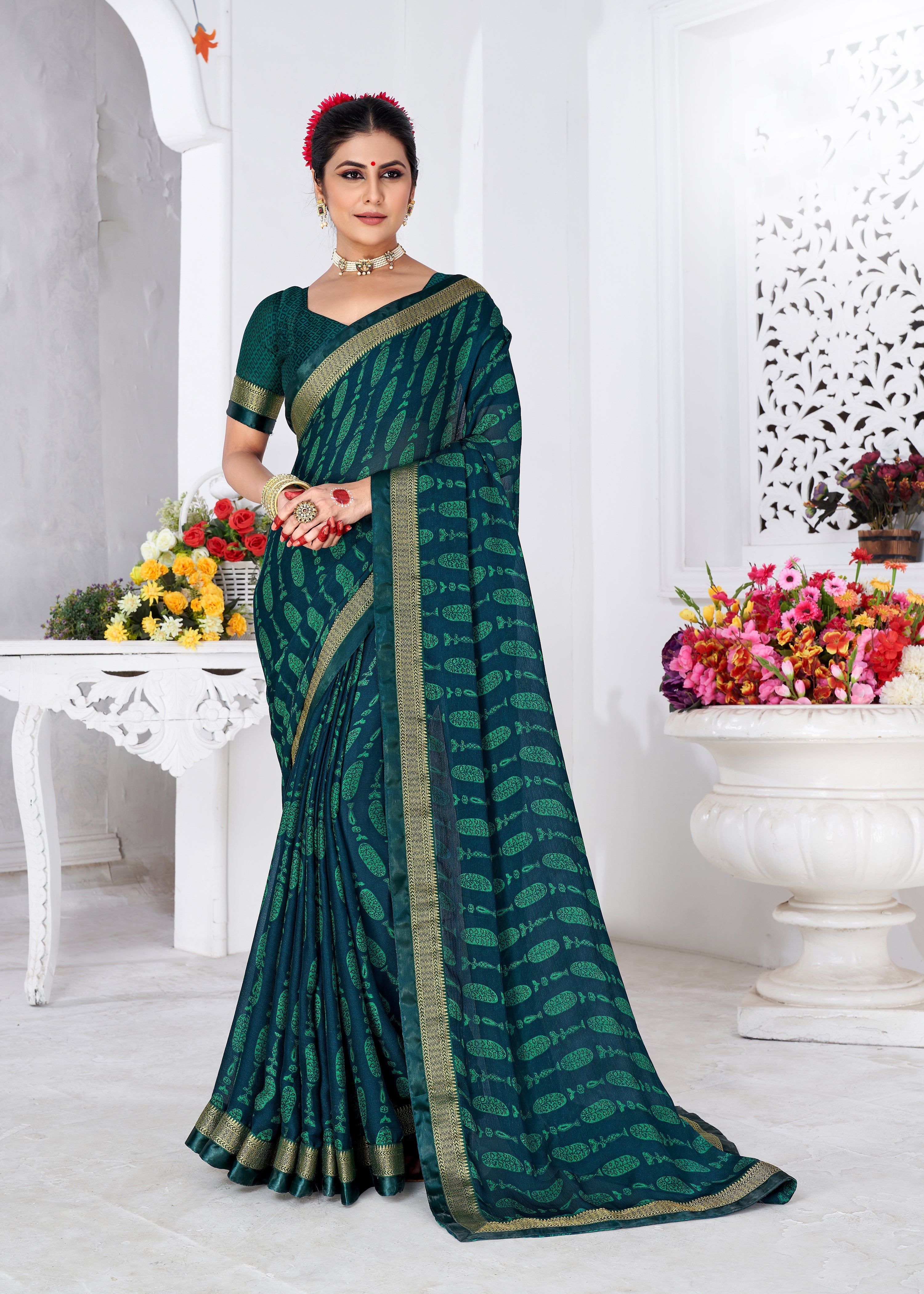 Shop Elegant Blue Chiffon Bandhani Print Saree 