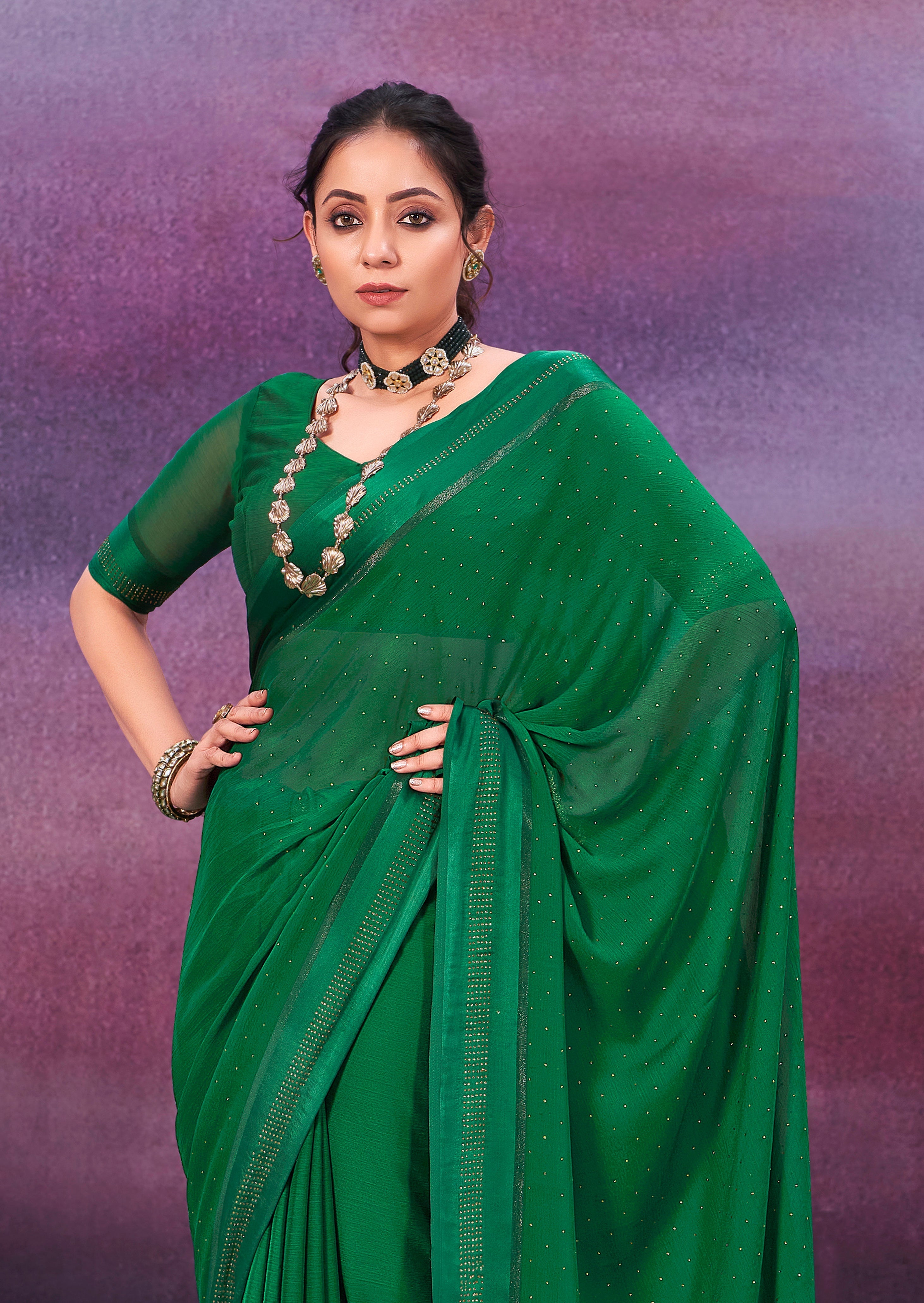  Green Chiffon Swarovski Saree for Weddings Celebrations