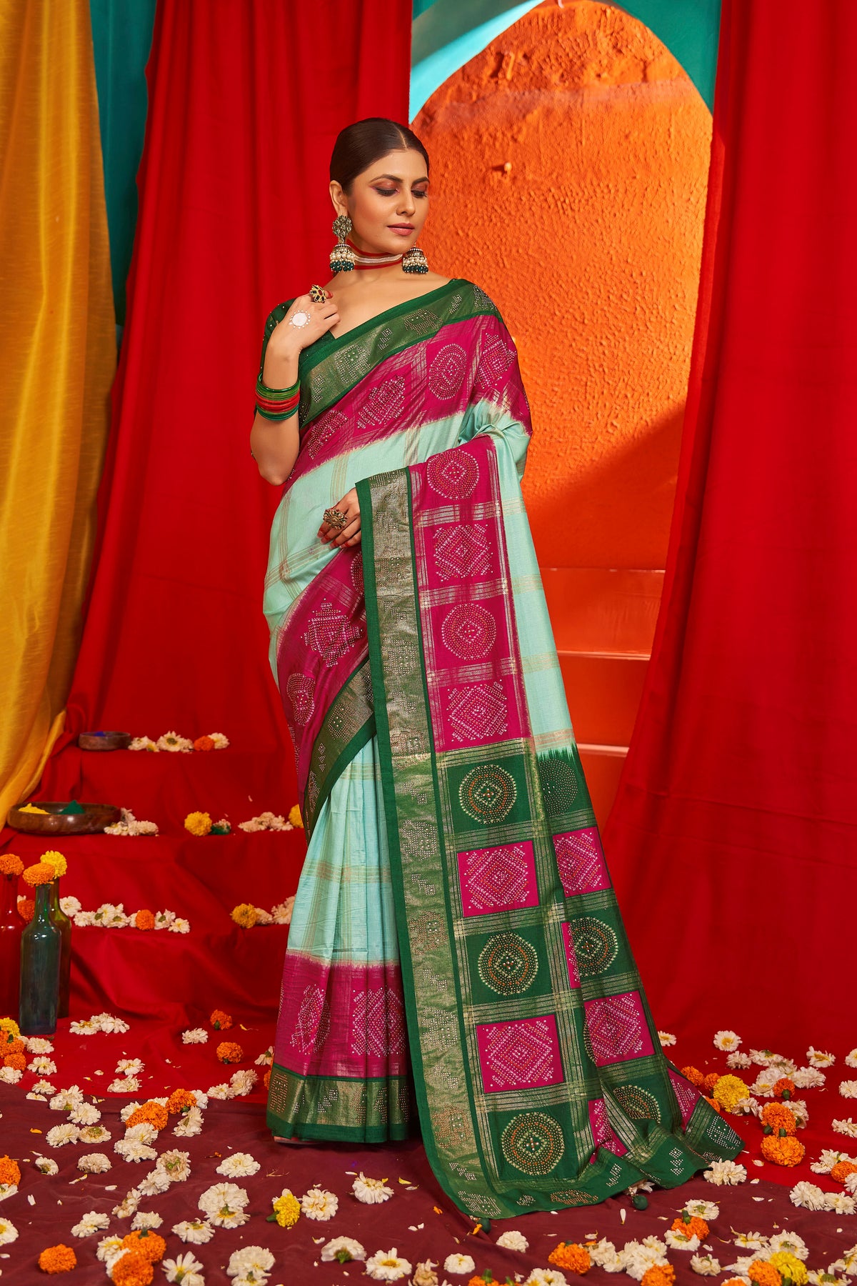 Sky Blue Tussar Silk Saree with Swarovski Embellishments