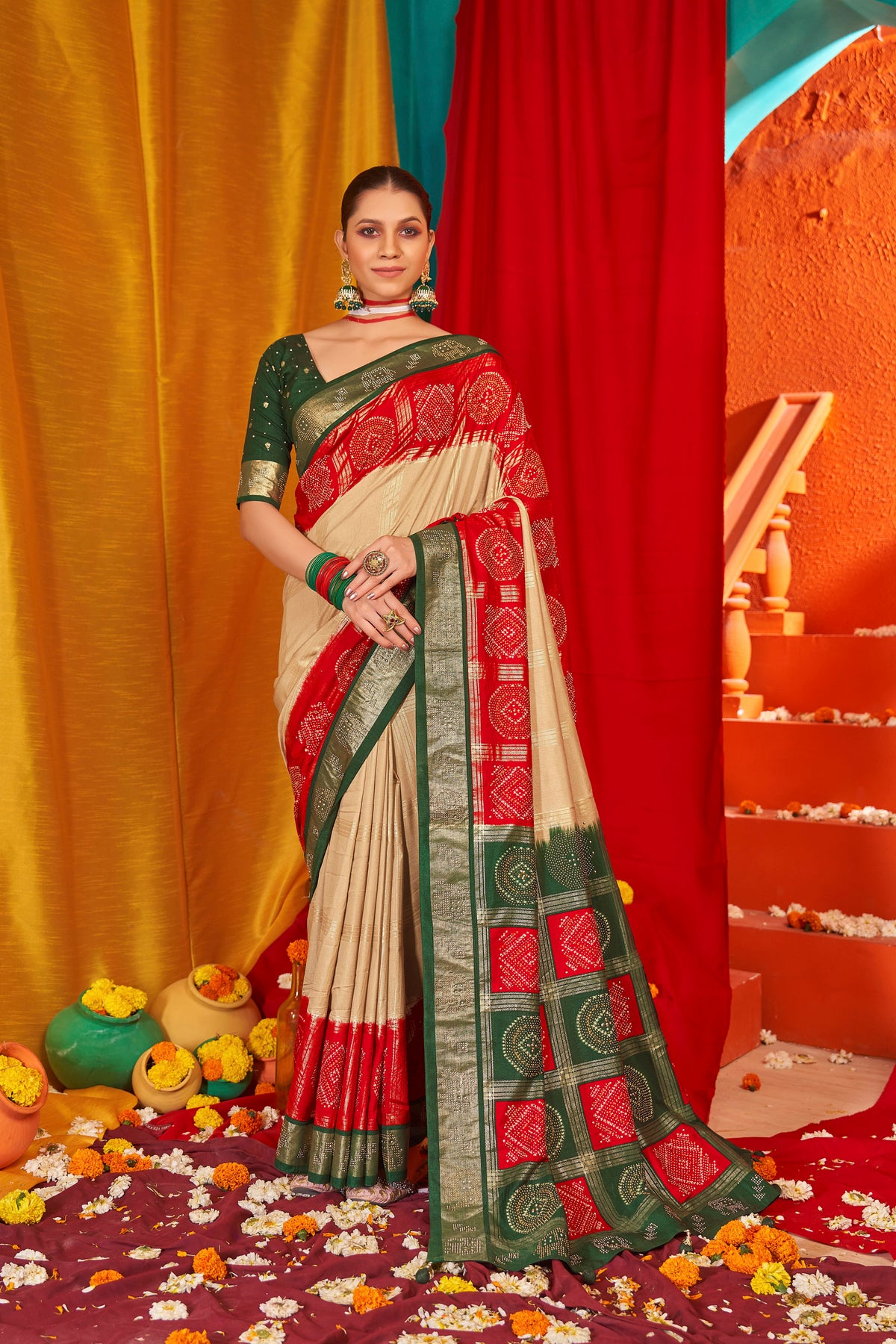 Beige Tussar Silk Swarovski Saree