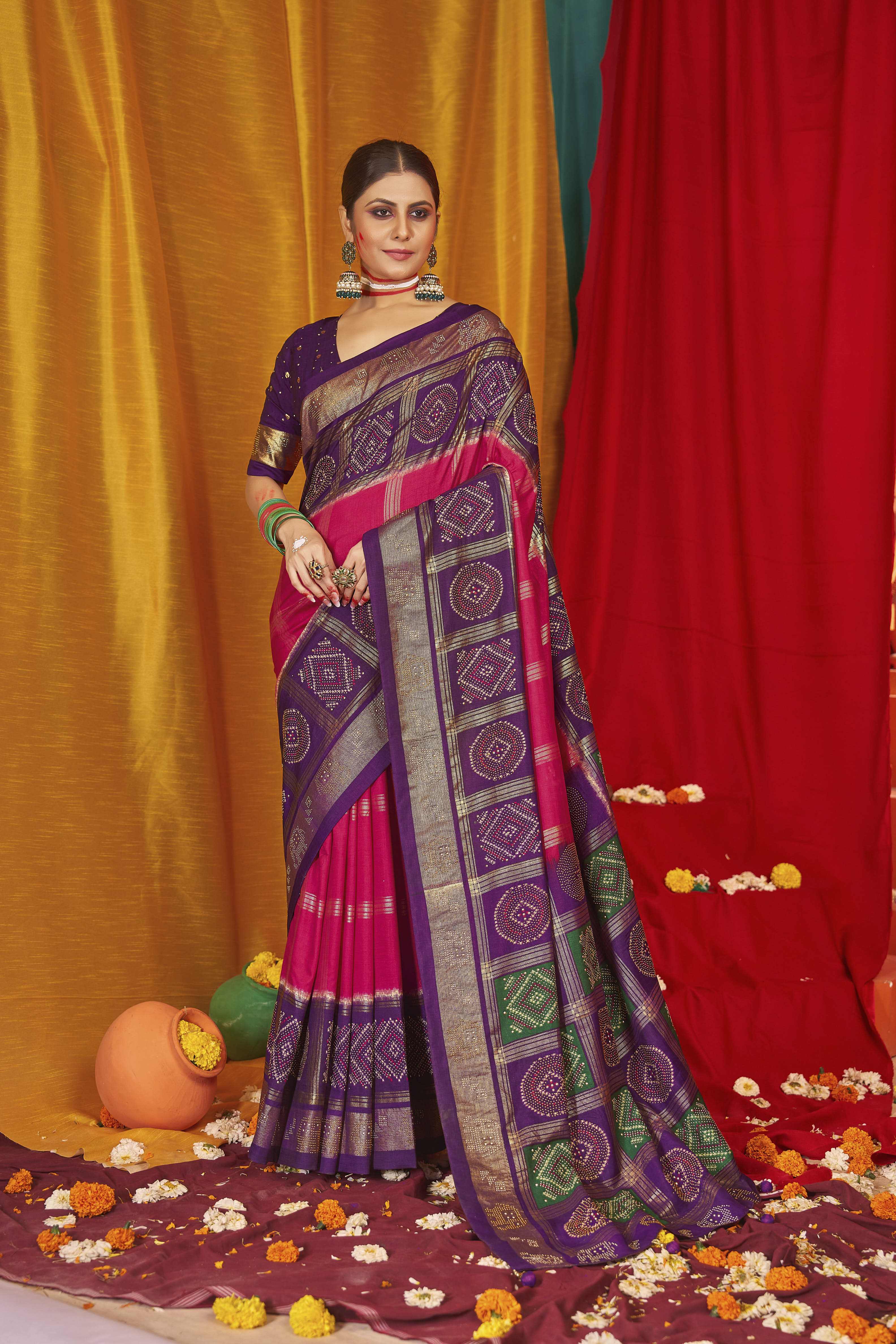 Luxurious Tussar Silk Saree with Swarovski Crystals in Vibrant Pink 