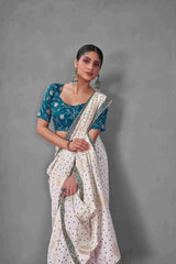 Exquisite White Tussar Silk Bandhani Saree
