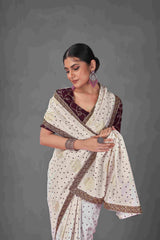 Exquisite White Tussar Silk Bandhani Saree