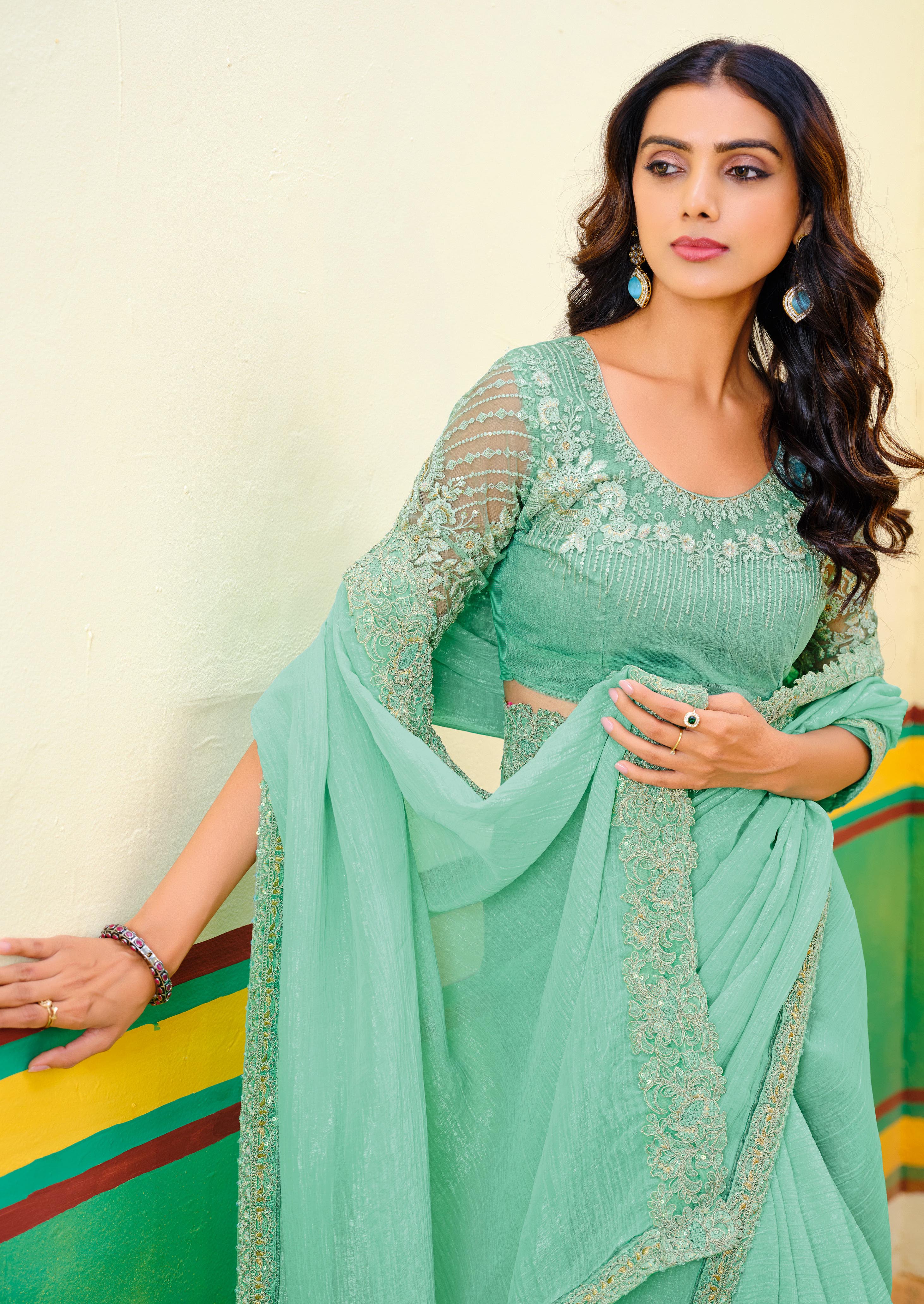 Teal Green Georgette Zari Embroidery Saree-4278