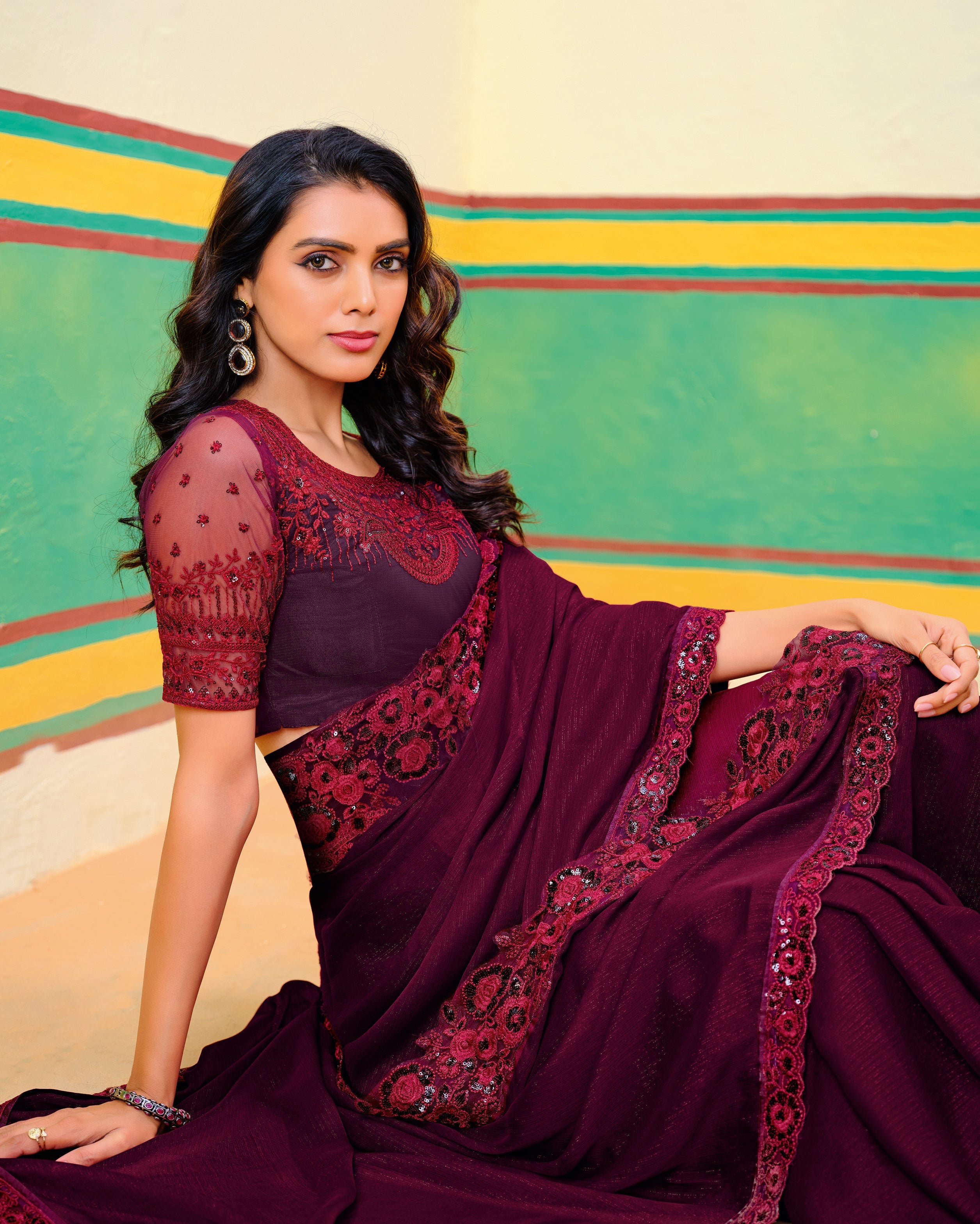 Maroon Oak Georgette Zari Embroidery Saree-4279