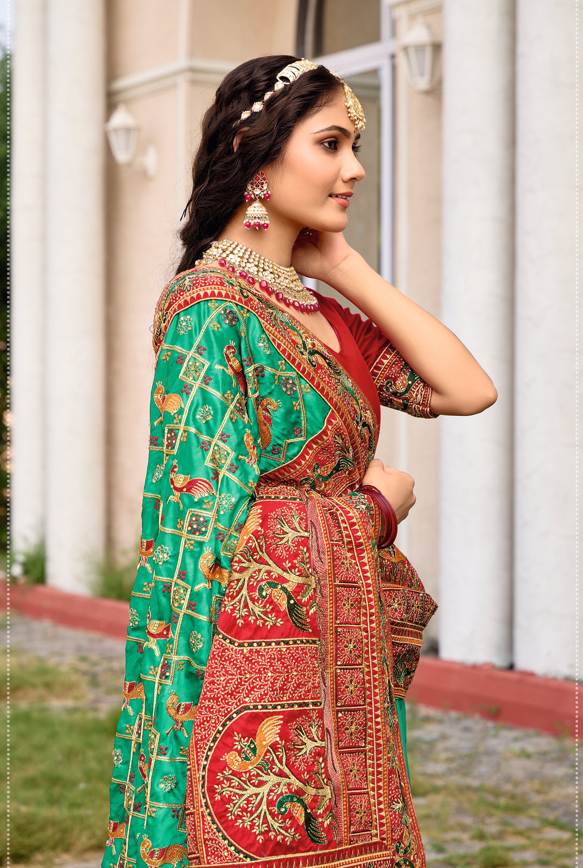 Sea Green Satin Silk Embroidery Saree-4422