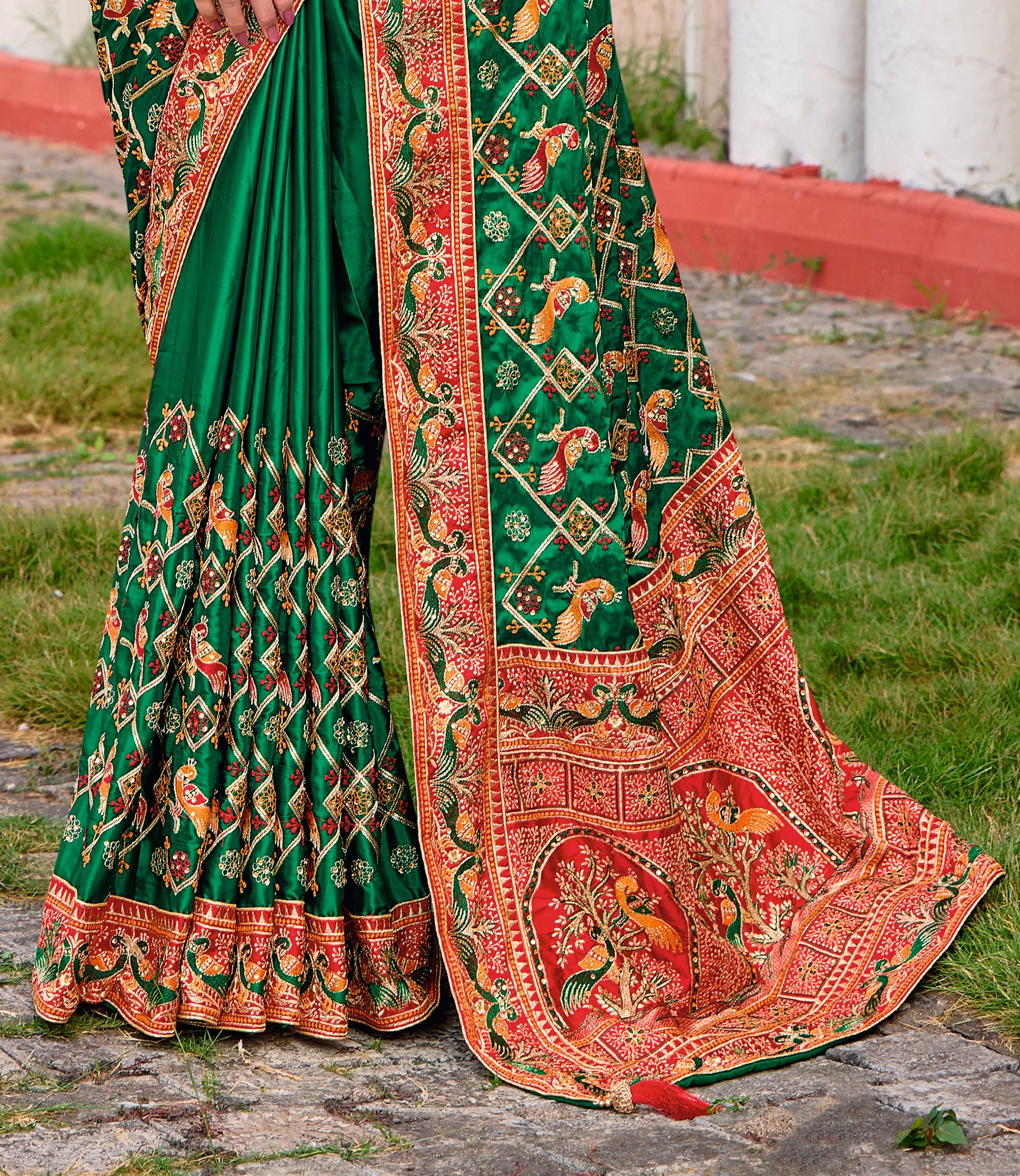 Dark Green Satin Silk Embroidery Saree-4425