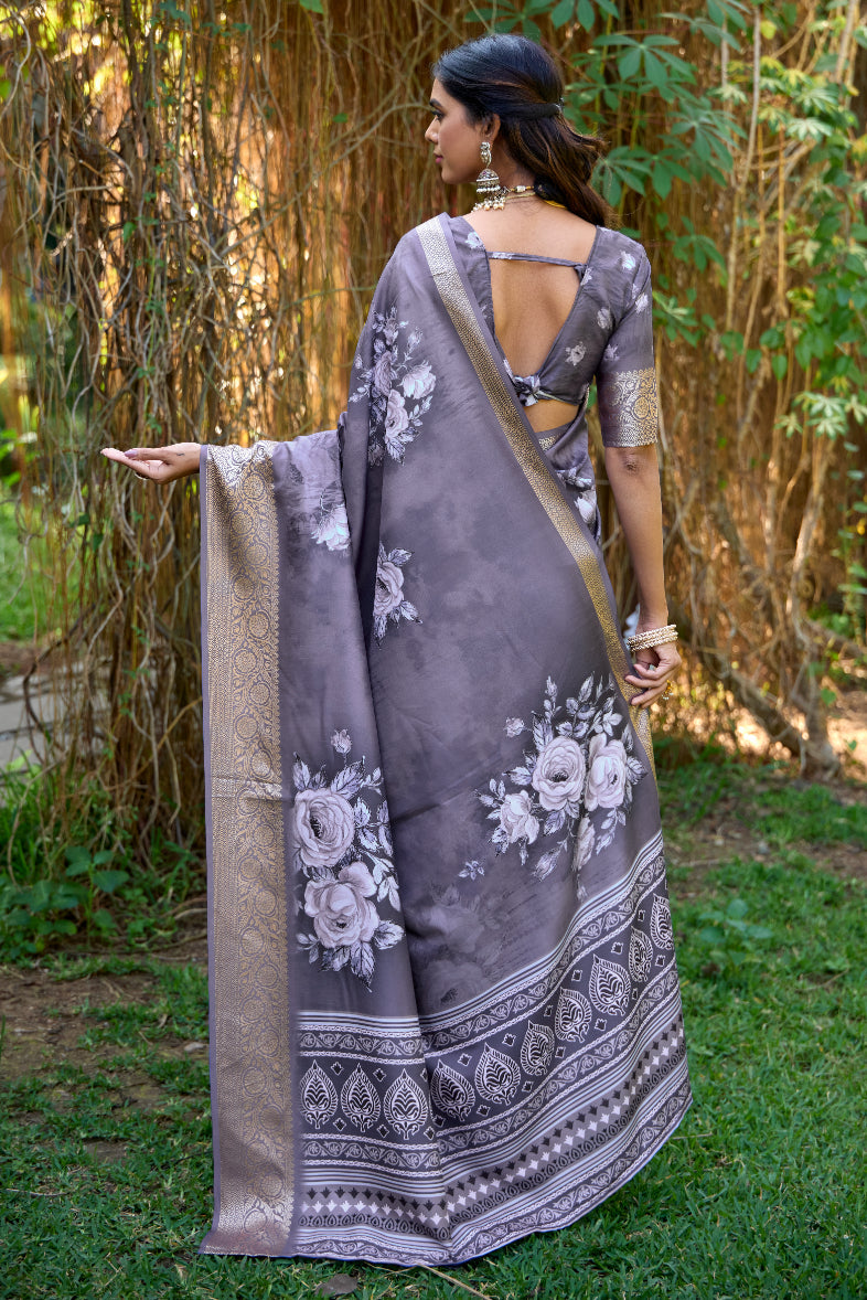 Grey Cotton Silk Digital Floral Print Saree-4427
