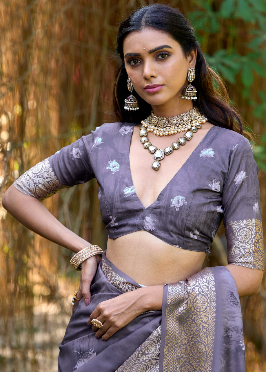 Grey Cotton Silk Digital Floral Print Saree-4427