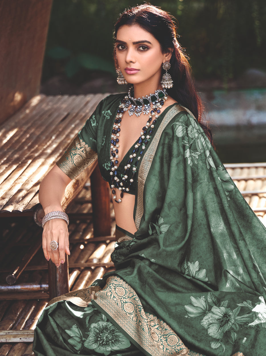 Hazel Green Cotton Silk Digital Floral Print Saree-4433