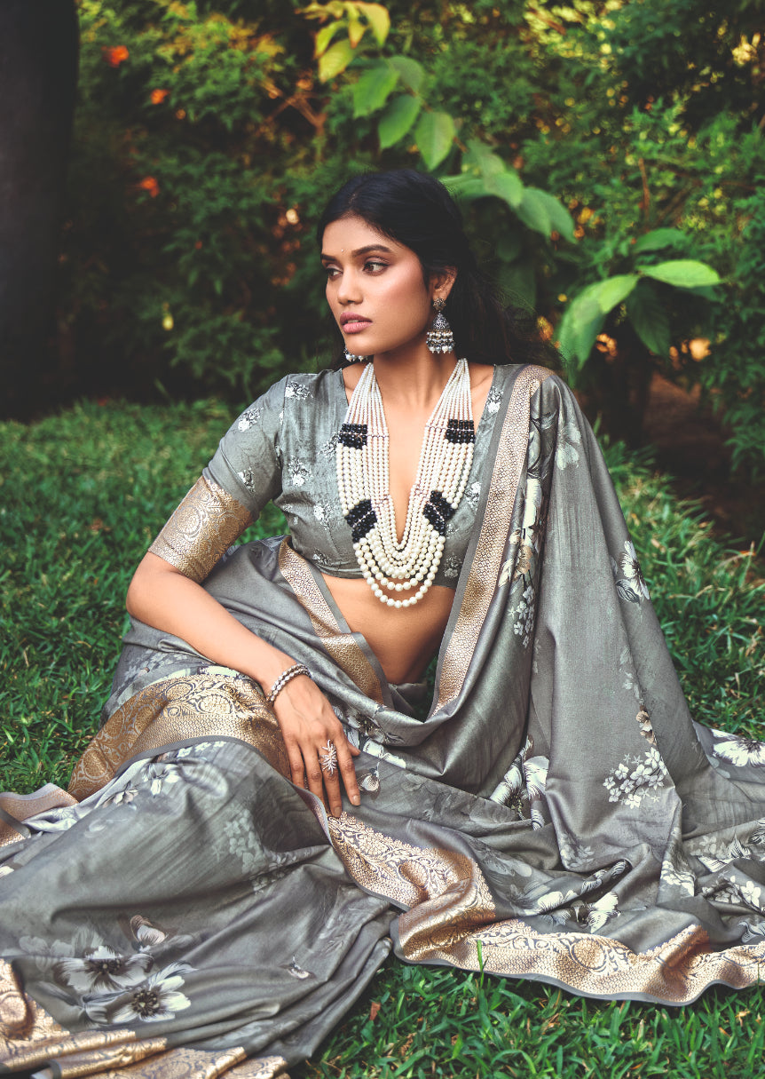 Smokey Grey Cotton Silk Digital Floral Print Saree-4434