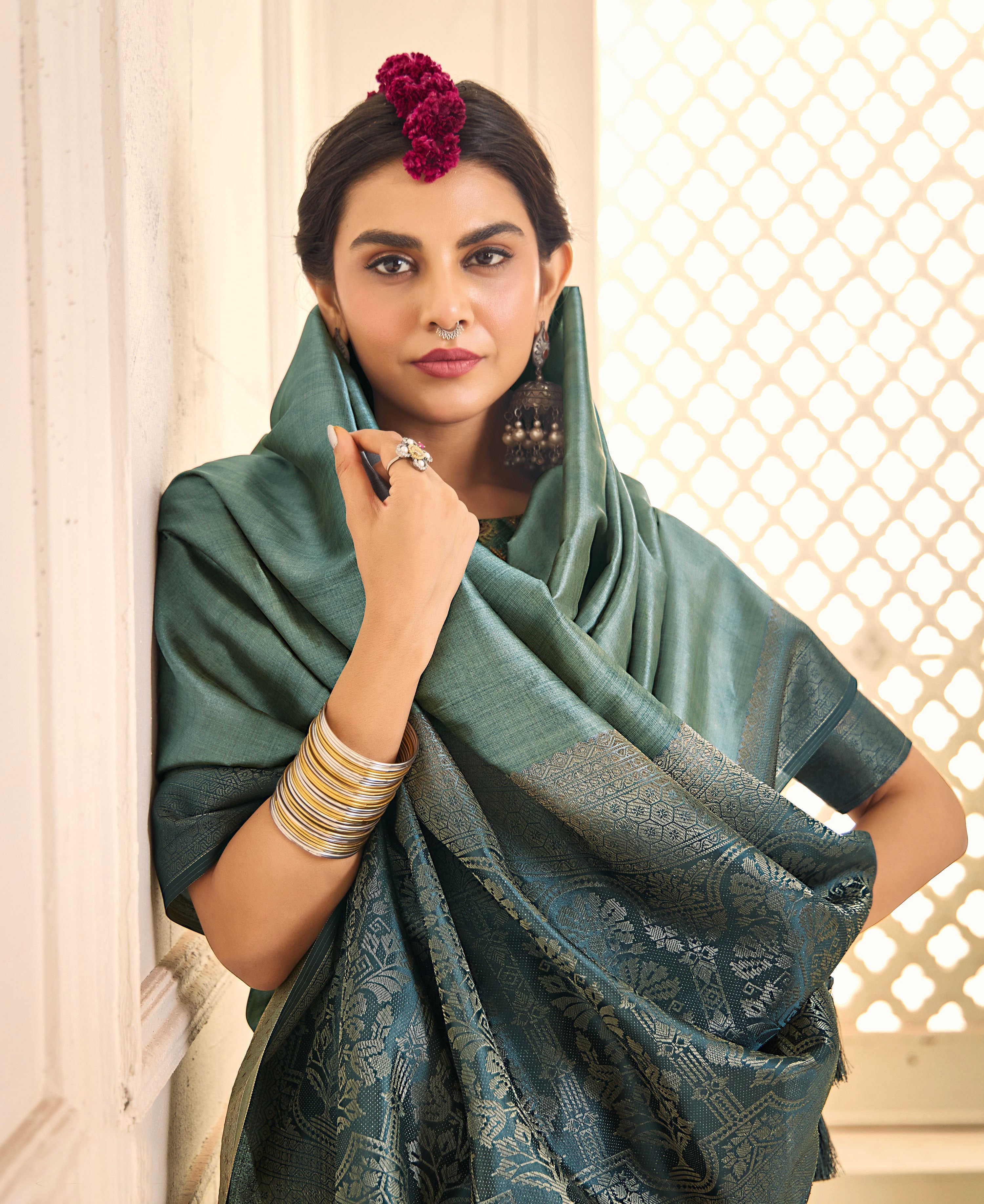 Slate Green Tussar Silk Woven Saree-4446