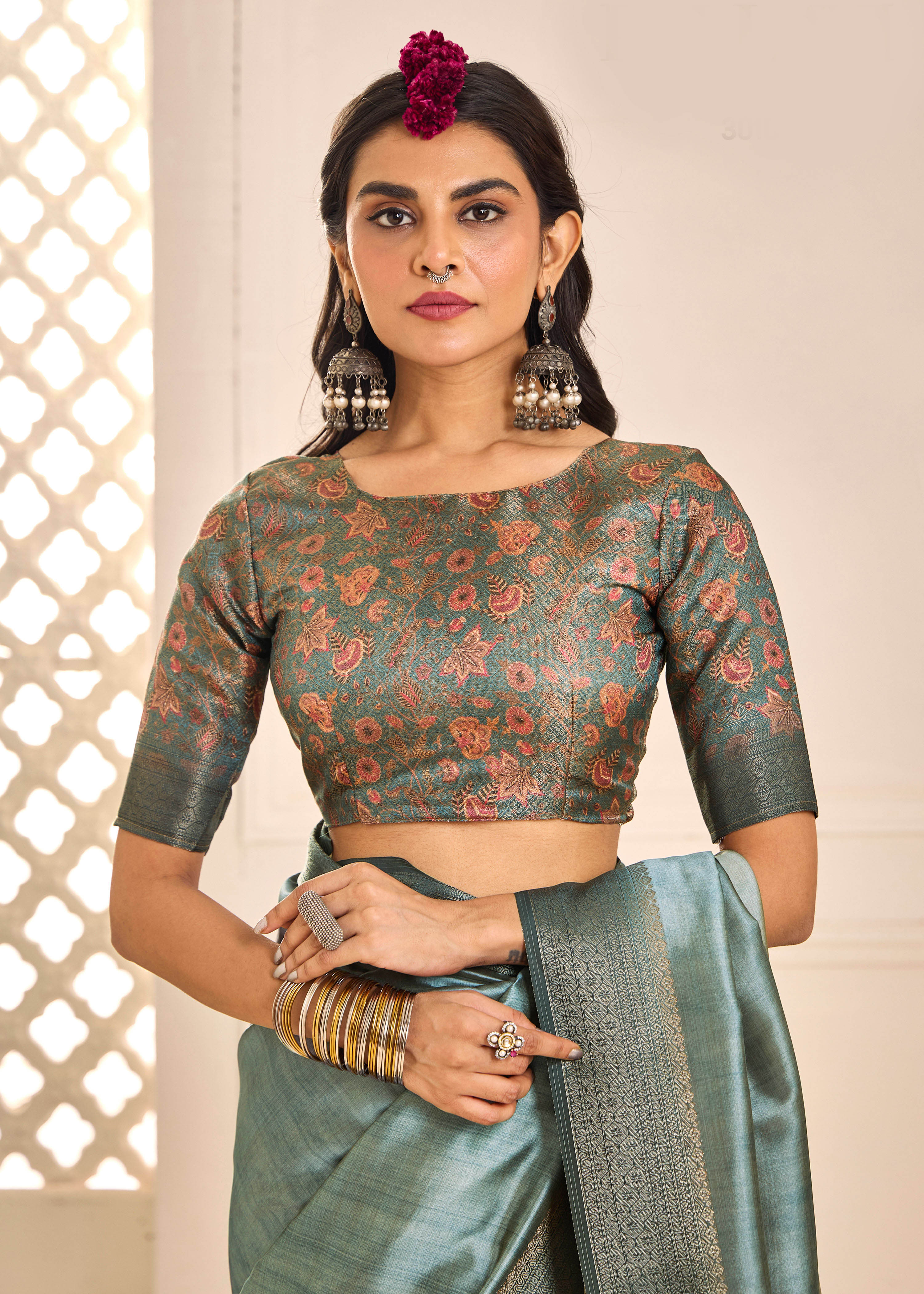 Slate Green Tussar Silk Woven Saree-4446